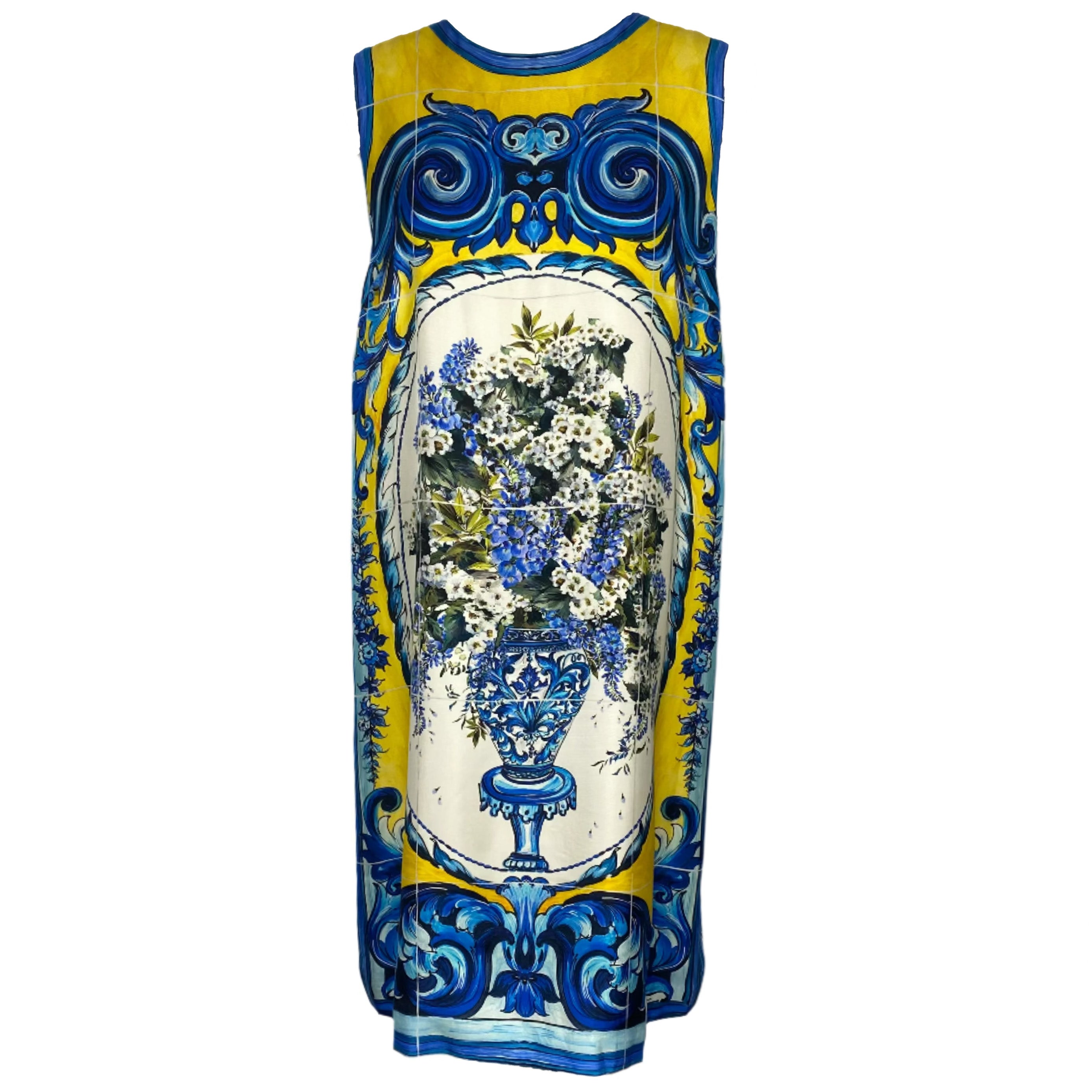 Dolce & Gabbana £1600 Blue Yellow & Ivory Print Silk Shift Dress M