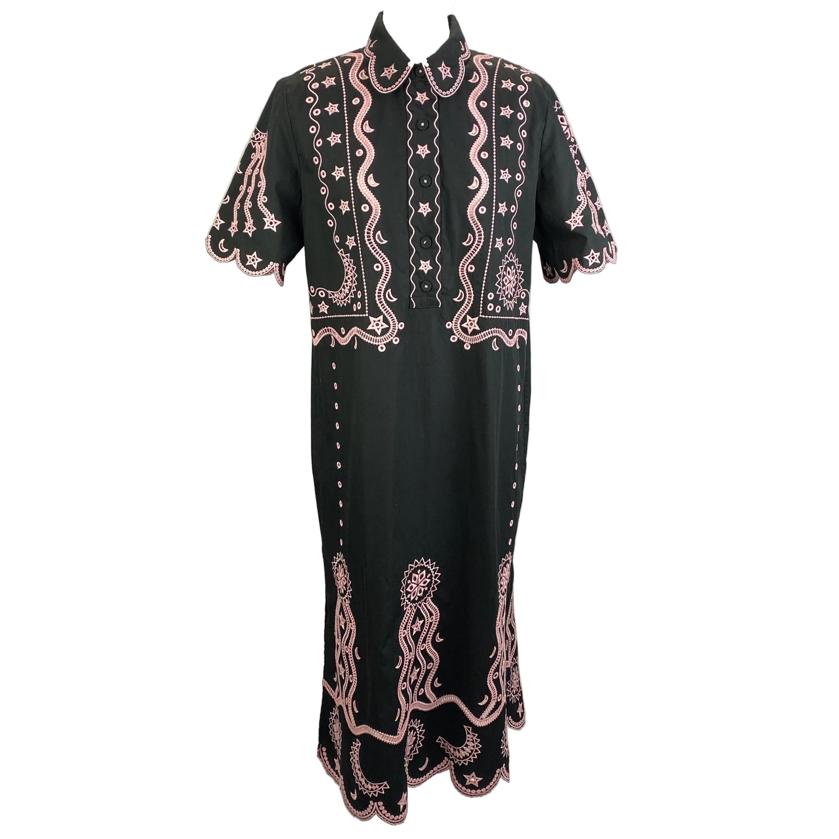 Saloni New £395 Black & Pink Embroidered Cotton Midi Dress S
