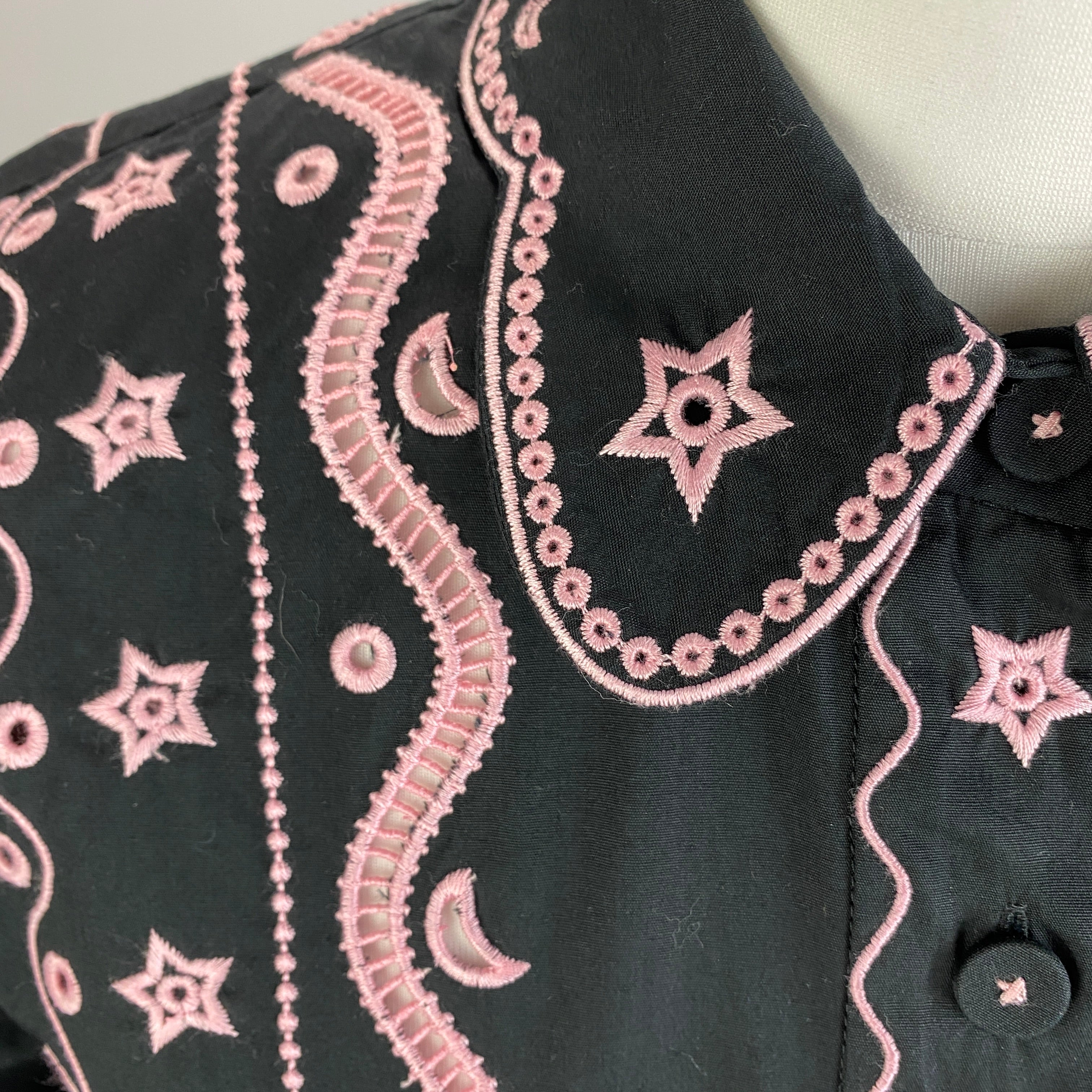 Saloni New £395 Black & Pink Embroidered Cotton Midi Dress S
