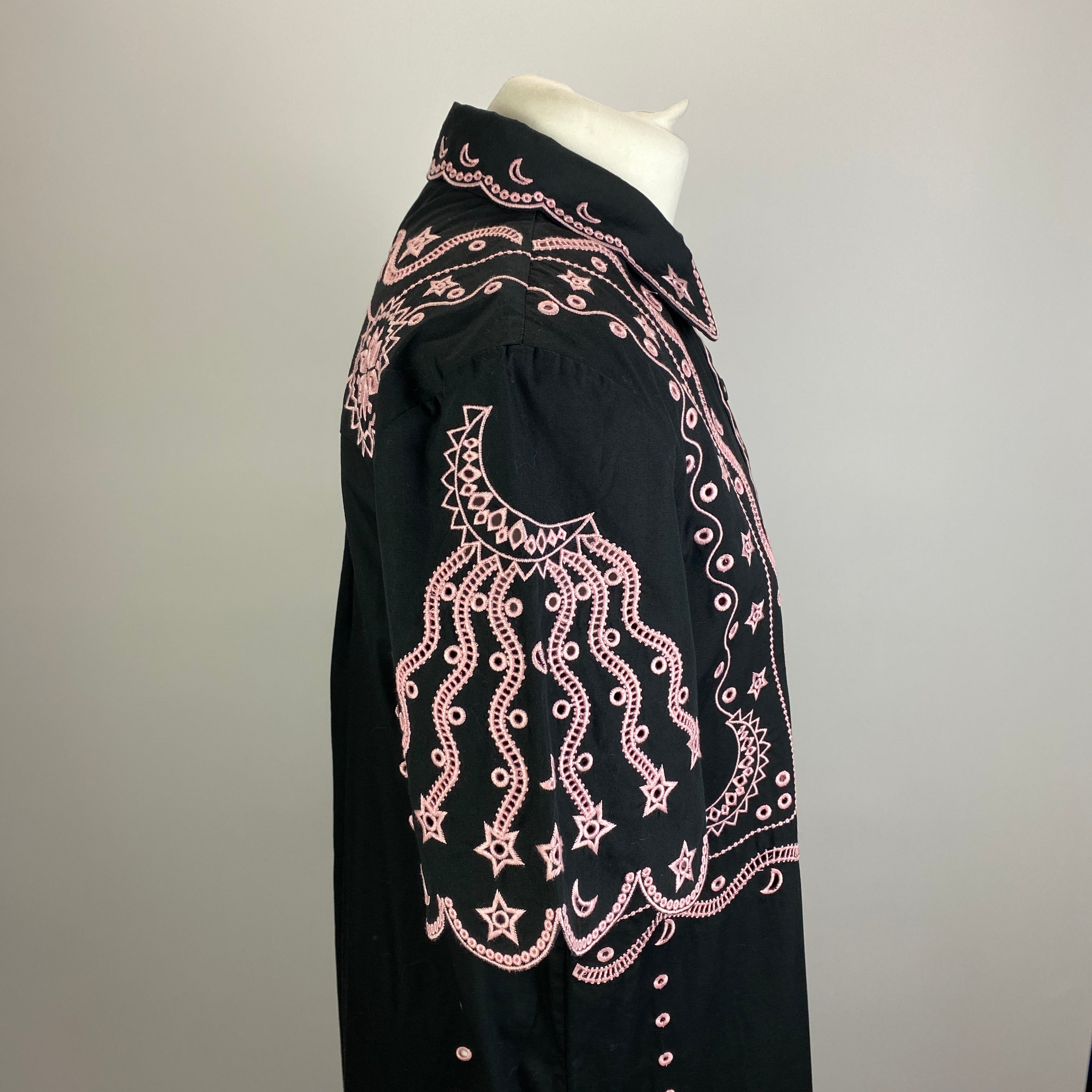 Saloni New £395 Black & Pink Embroidered Cotton Midi Dress S