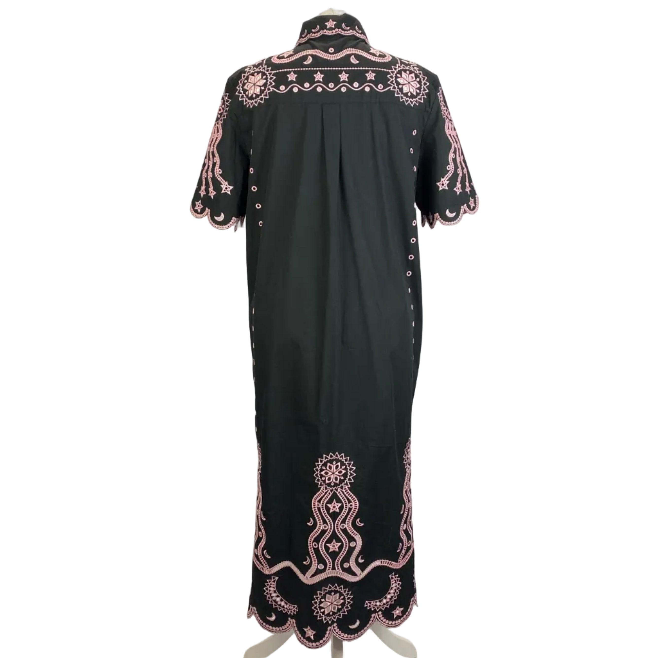 Saloni New £395 Black & Pink Embroidered Cotton Midi Dress S