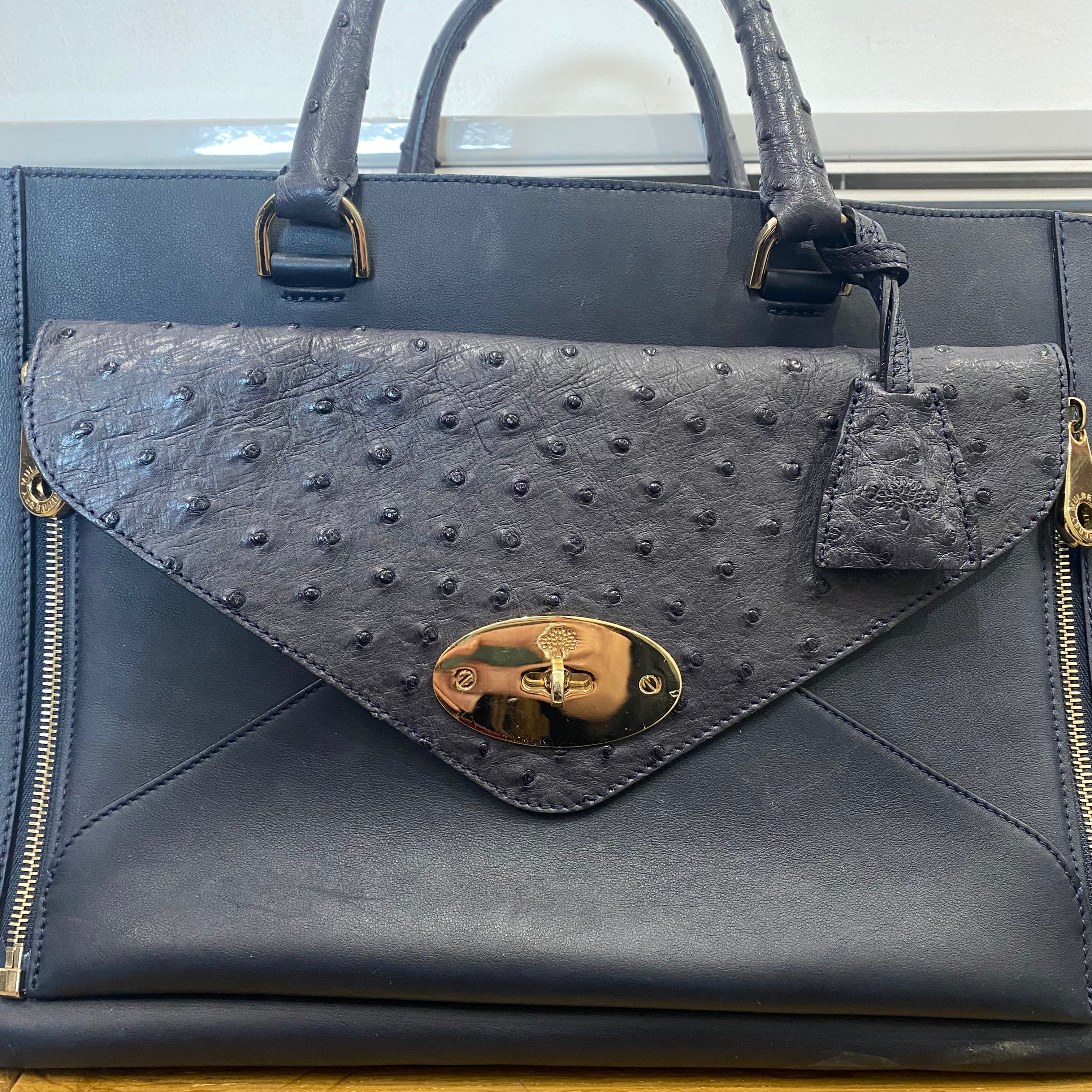 Mulberry Navy Large Calf & Ostrich Willow Tote Bag
