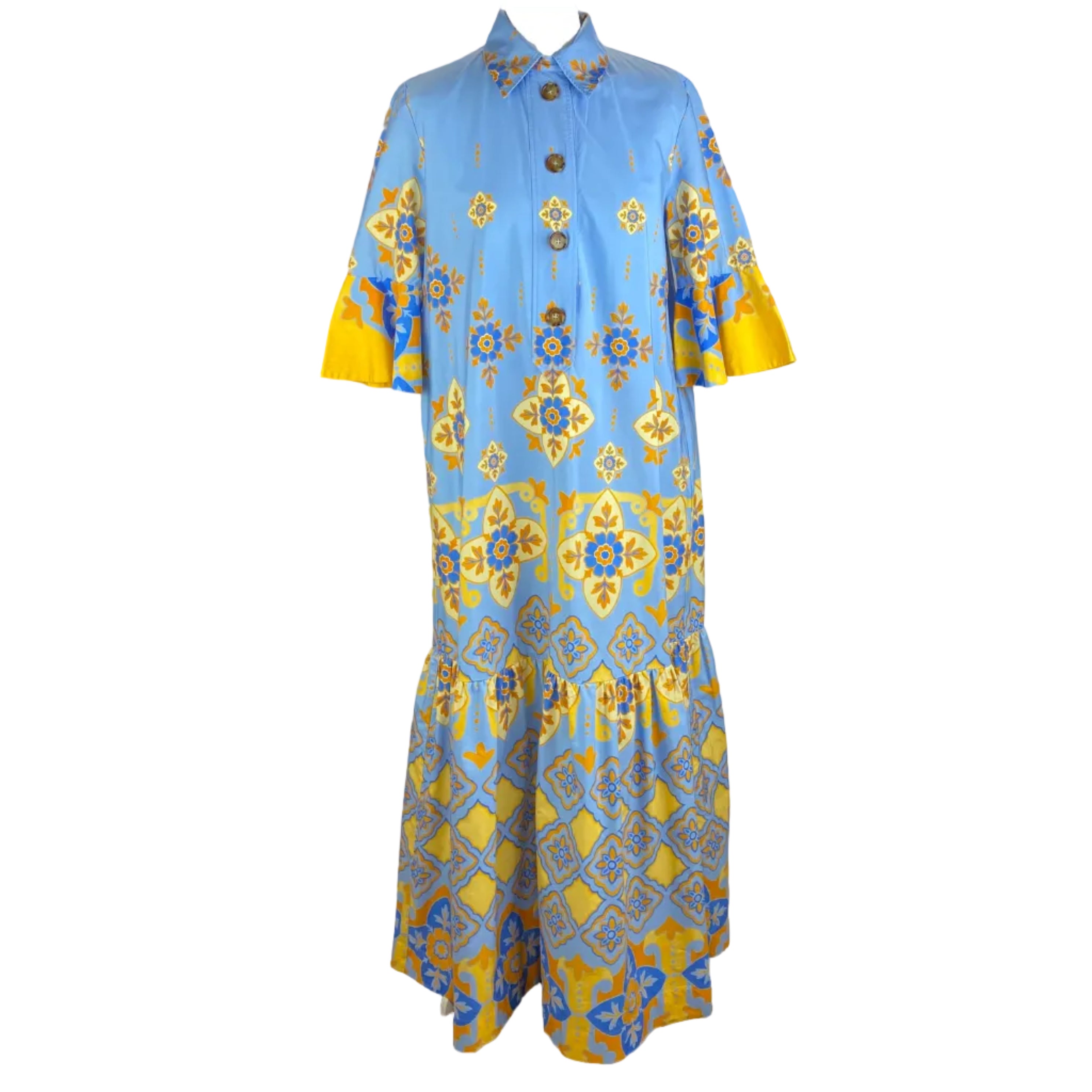 La Double J £870 Blue & Yellow Artemis Cotton Poplin Maxi Dress S