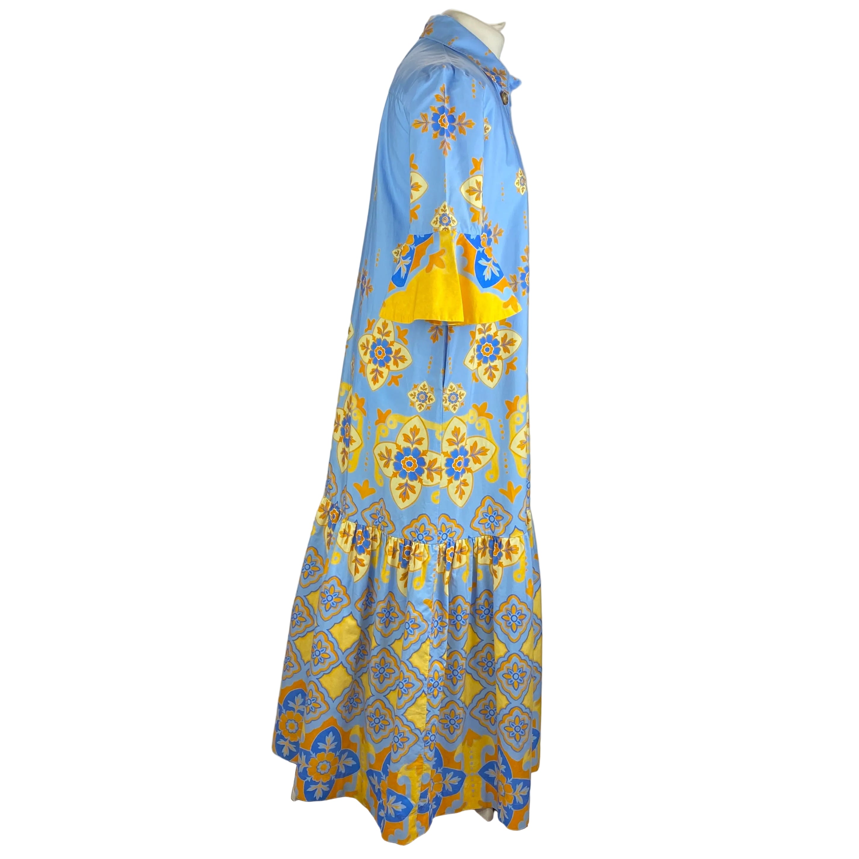 La Double J £870 Blue & Yellow Artemis Cotton Poplin Maxi Dress S
