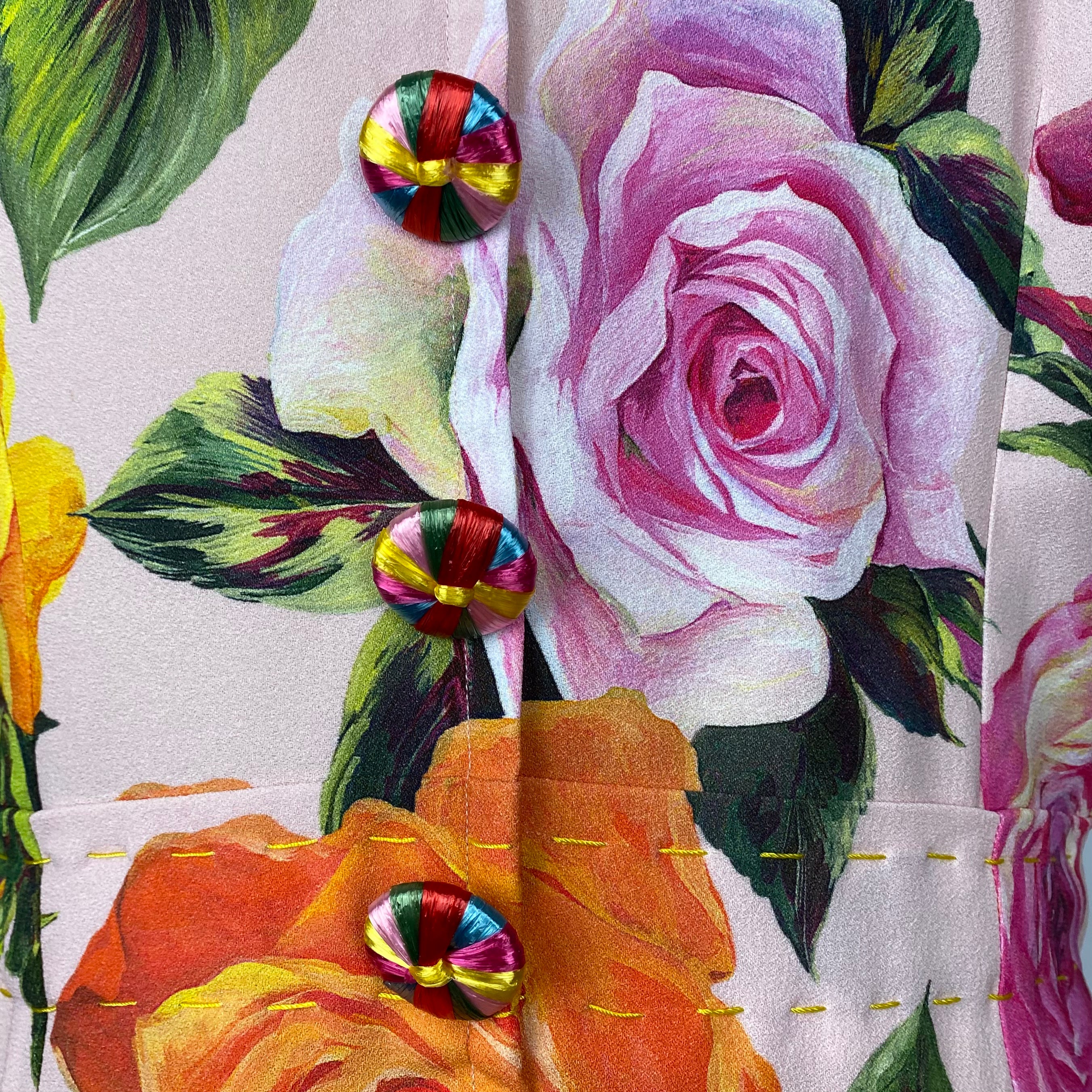 Dolce & Gabbana Pink Rose Print Silk Crepe Dress L