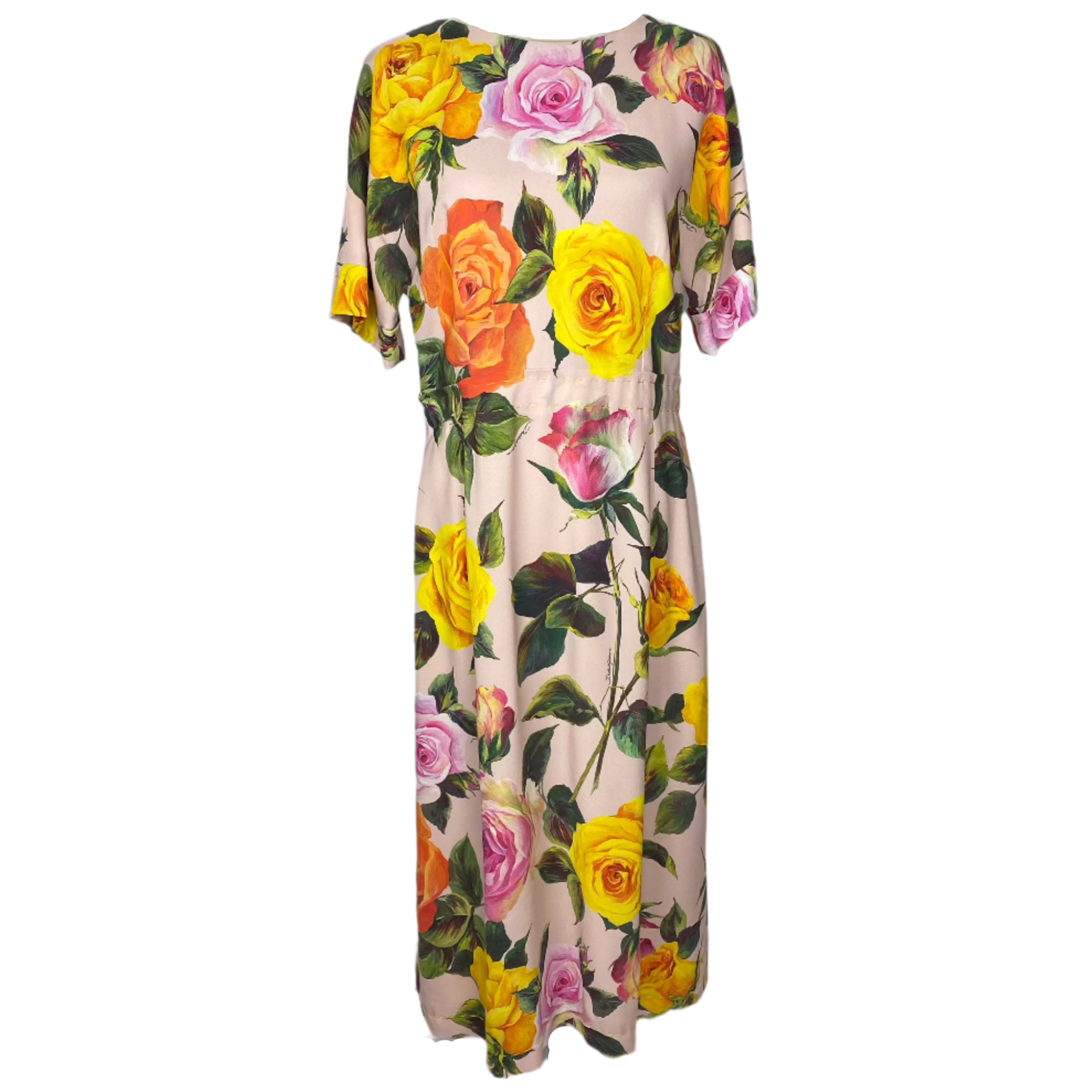 Dolce & Gabbana Pink Rose Print Silk Crepe Dress L