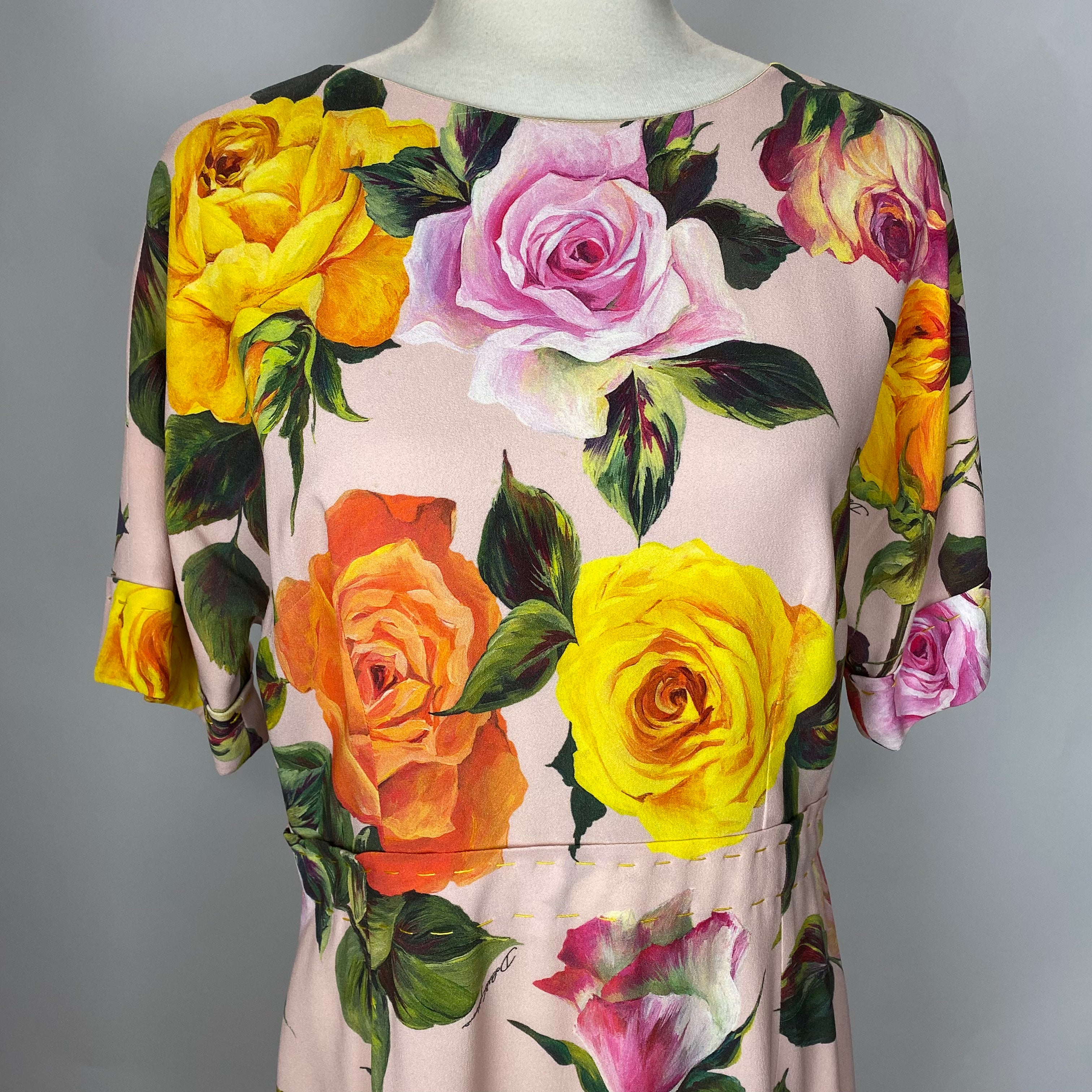 Dolce & Gabbana Pink Rose Print Silk Crepe Dress L