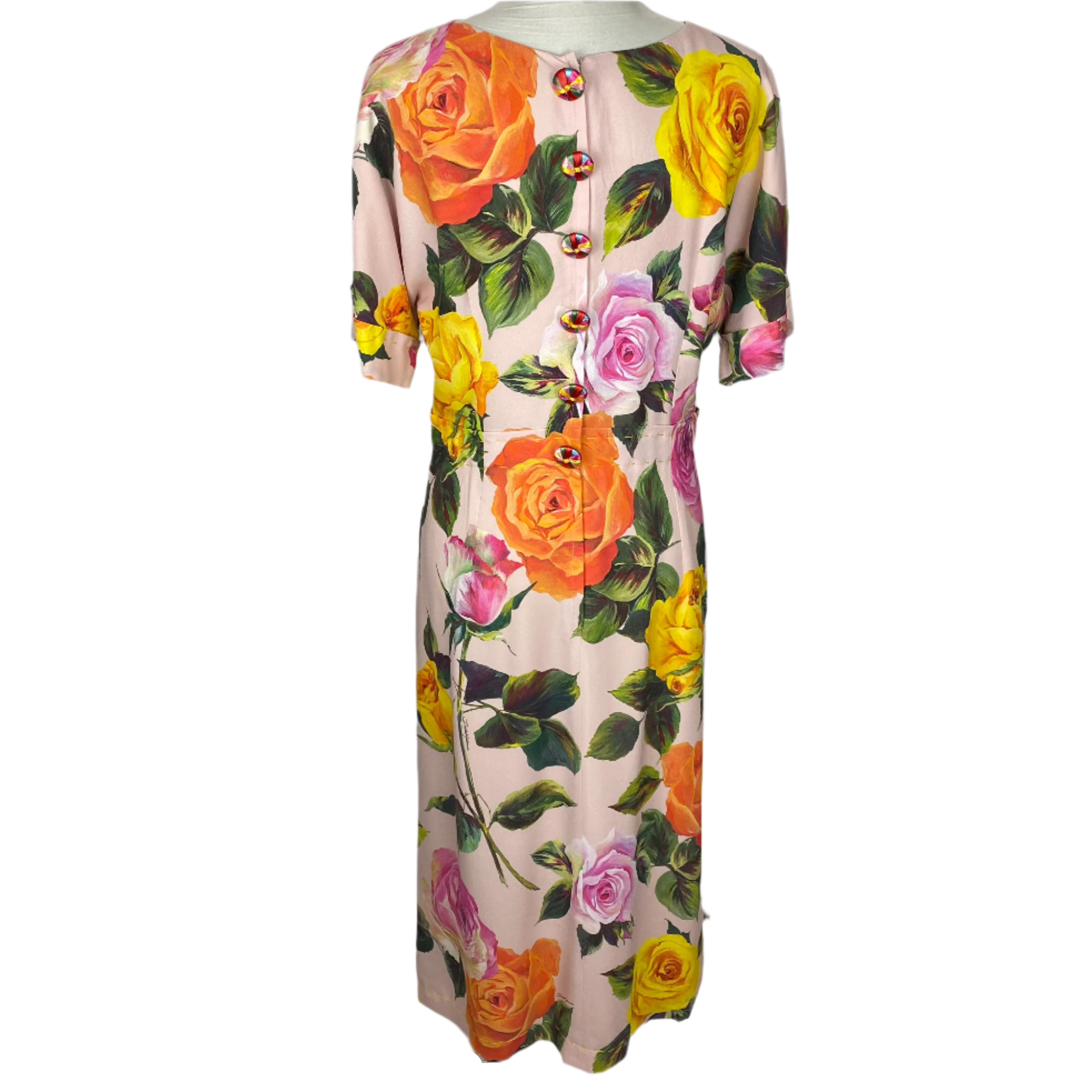 Dolce & Gabbana Pink Rose Print Silk Crepe Dress L