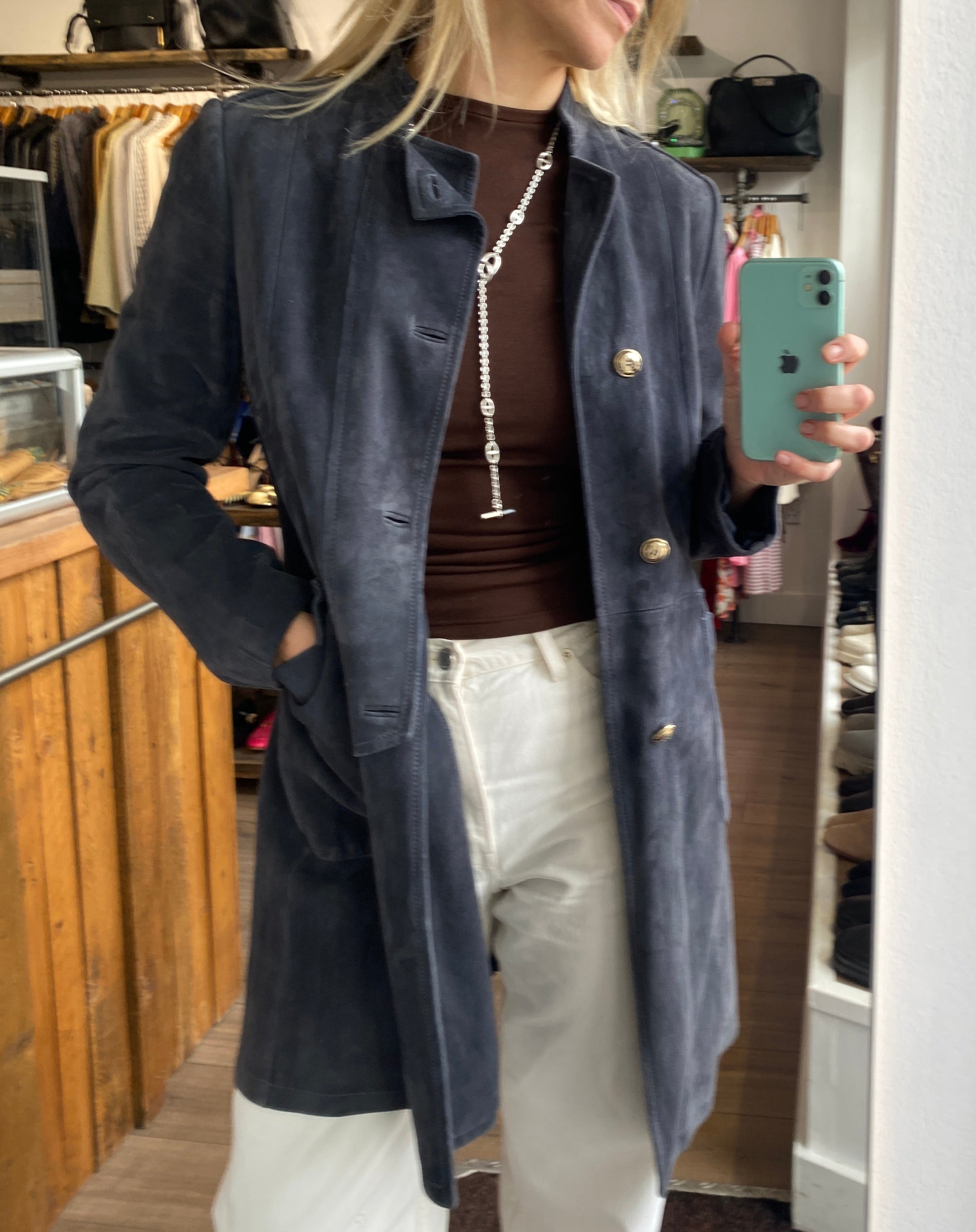 Yves Saint Laurent Smoke Grey Suede Nehru Collar Coat M