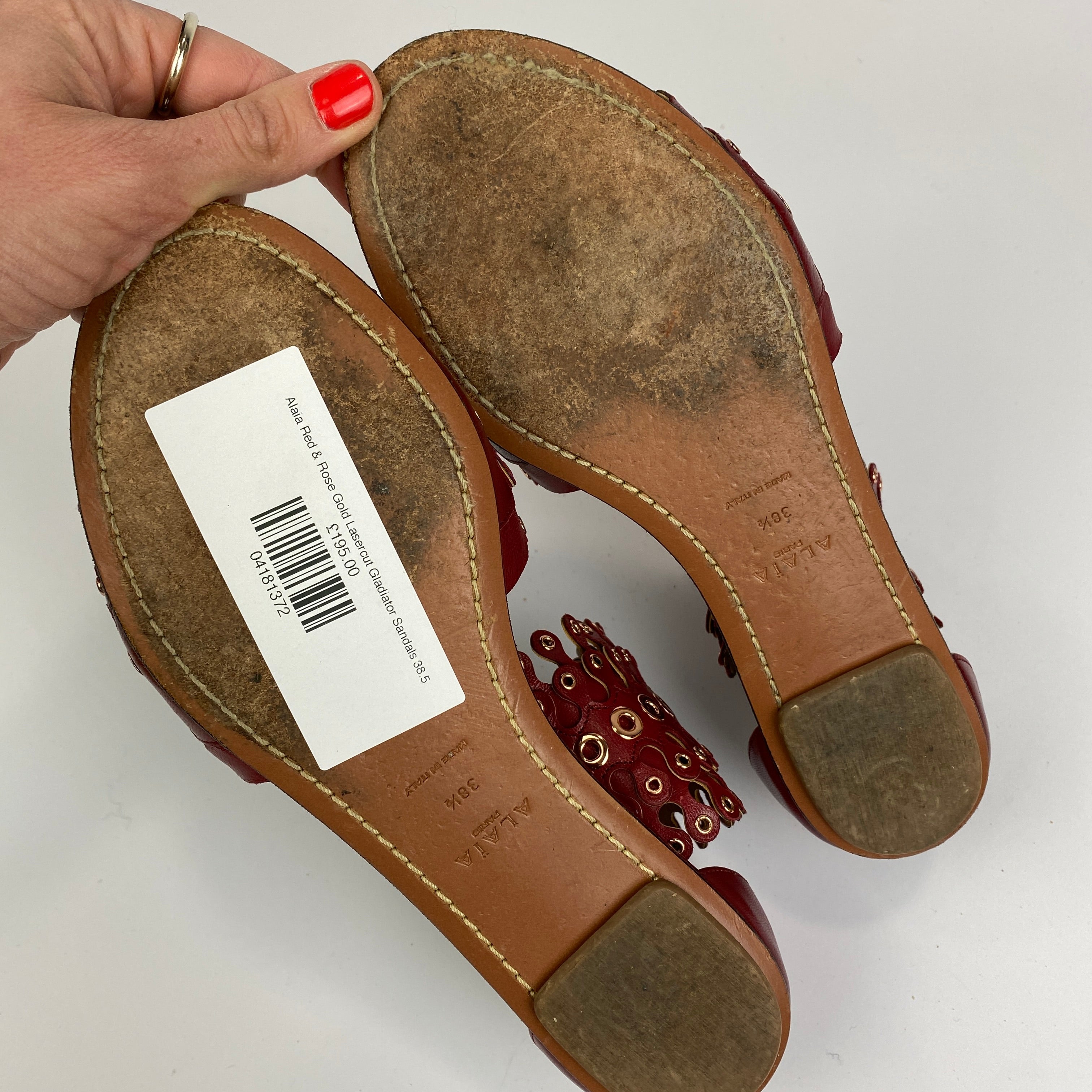 Alaia Red & Rose Gold Lasercut Gladiator Sandals 38.5