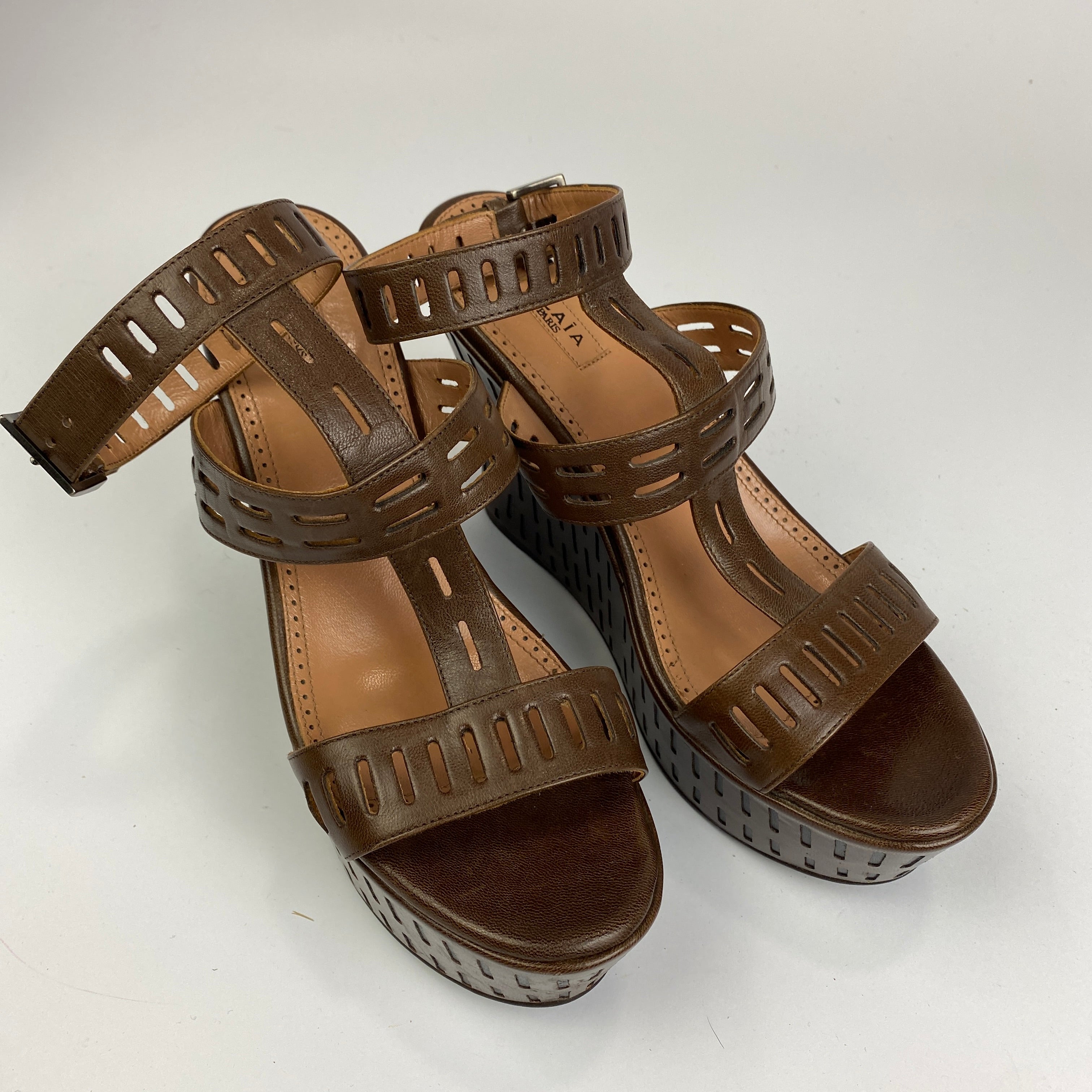 Alaia Chestnut Lasercut Leather Platform Wedge Sandals 38