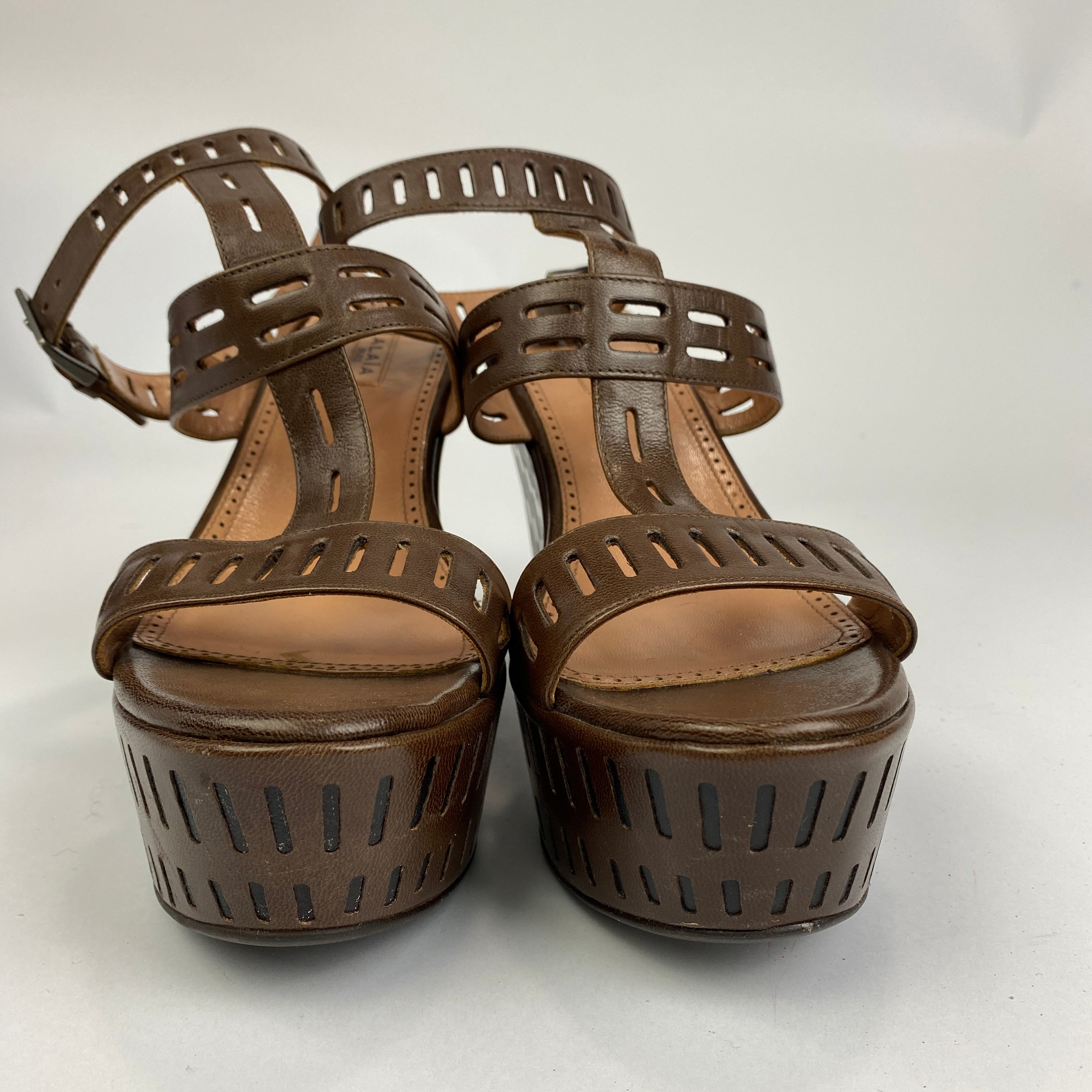 Alaia Chestnut Lasercut Leather Platform Wedge Sandals 38