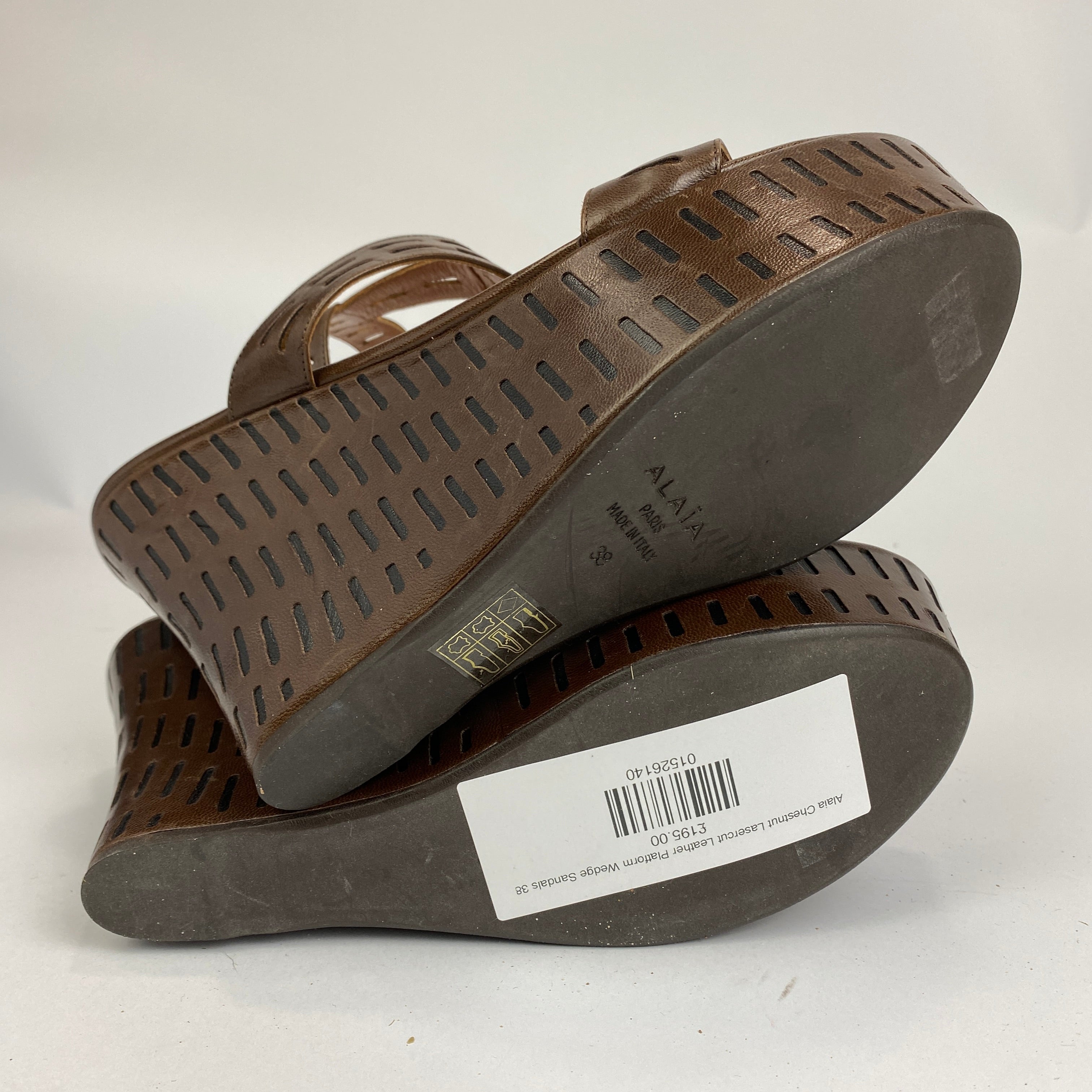 Alaia Chestnut Lasercut Leather Platform Wedge Sandals 38