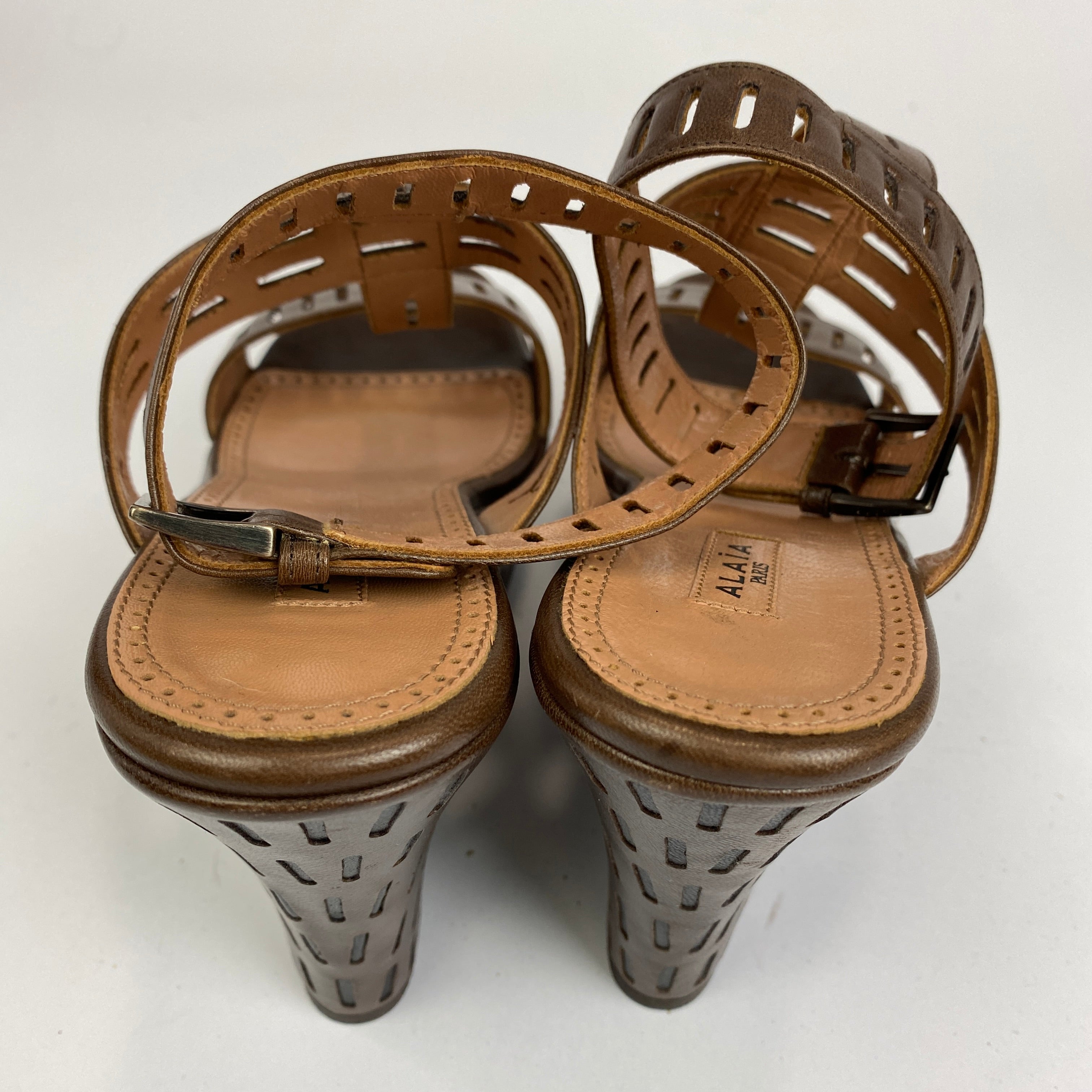 Alaia Chestnut Lasercut Leather Platform Wedge Sandals 38