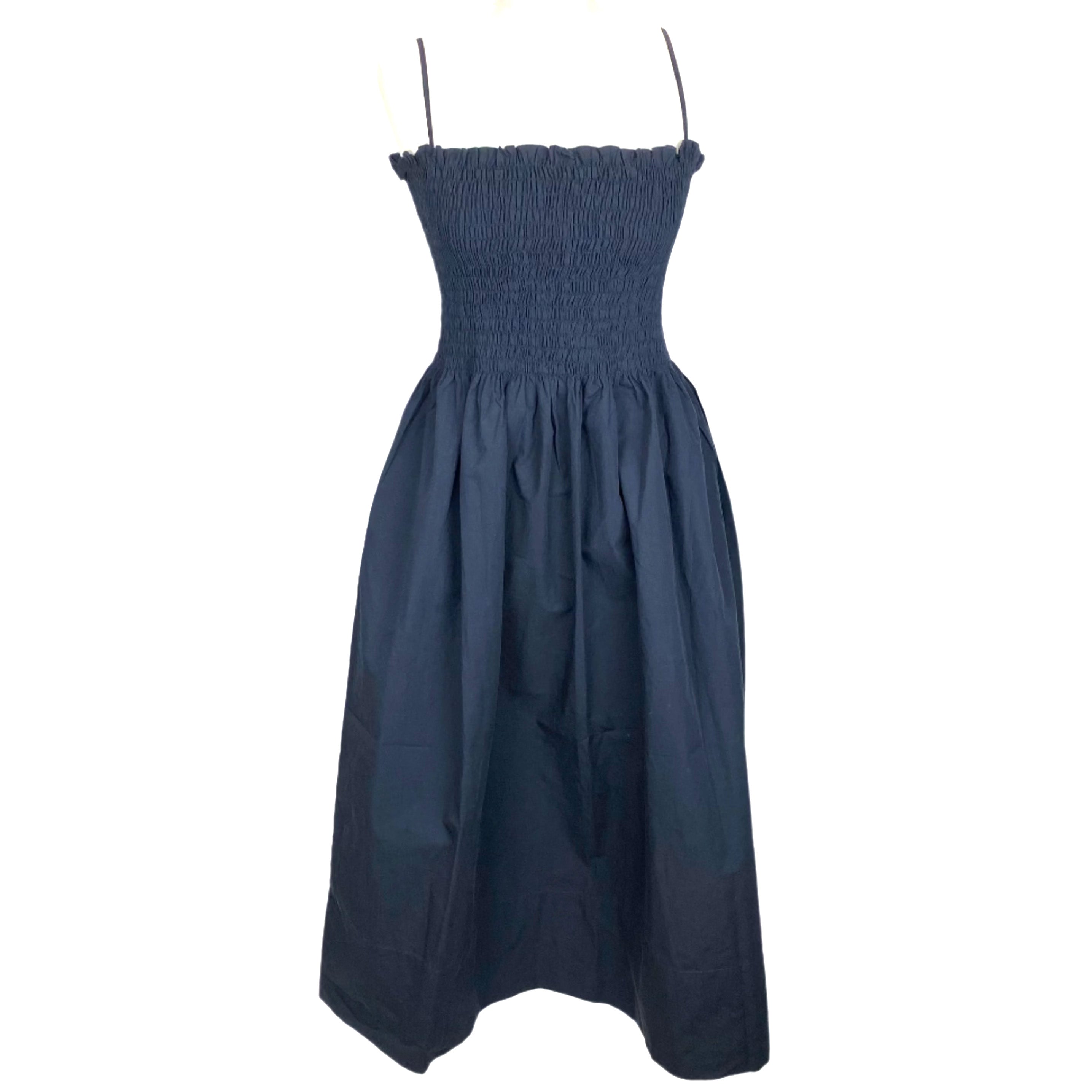 Three Graces London £560 Navy Lena Shirred Cotton Dress S
