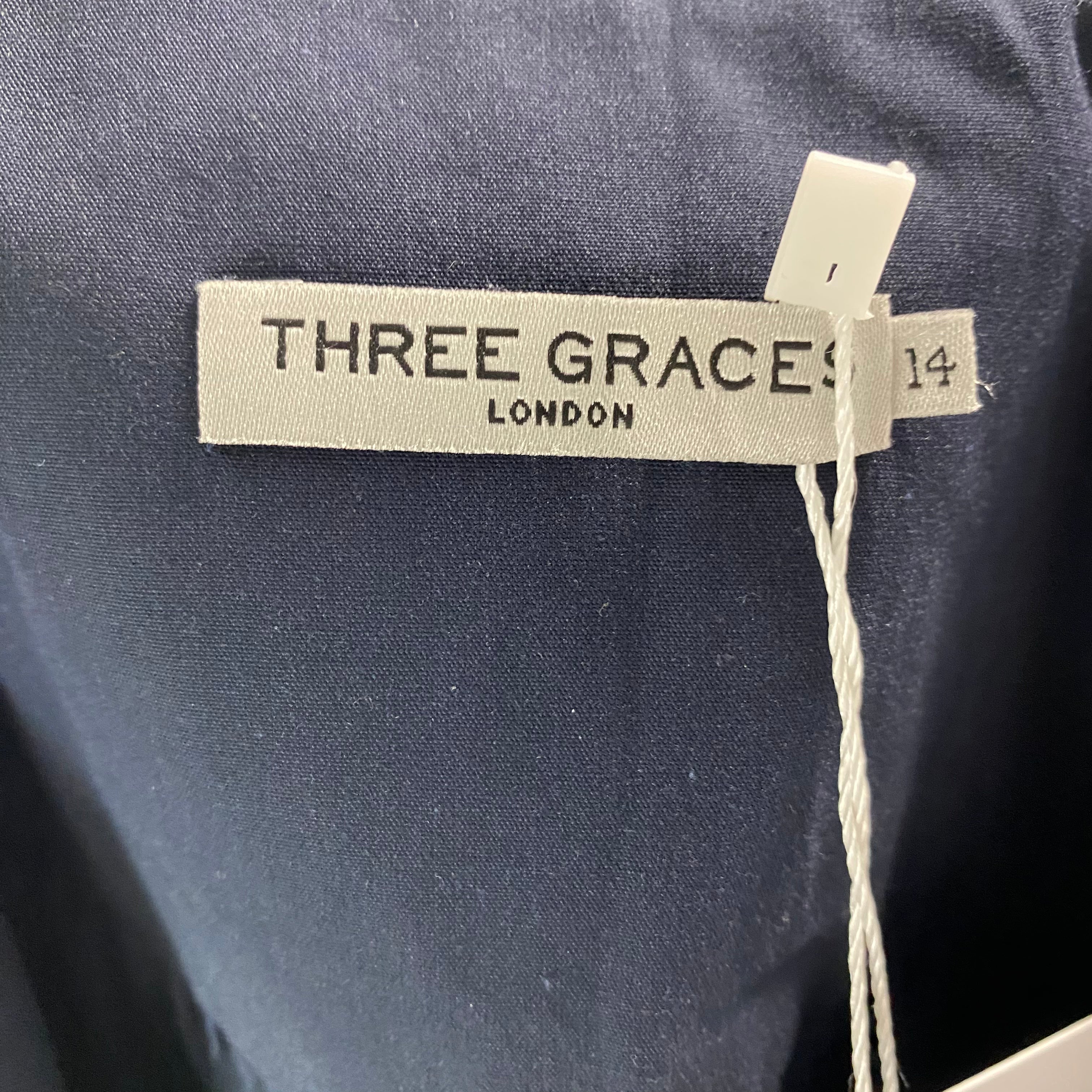 Three Graces London £560 Navy Cotton Midi Dress L