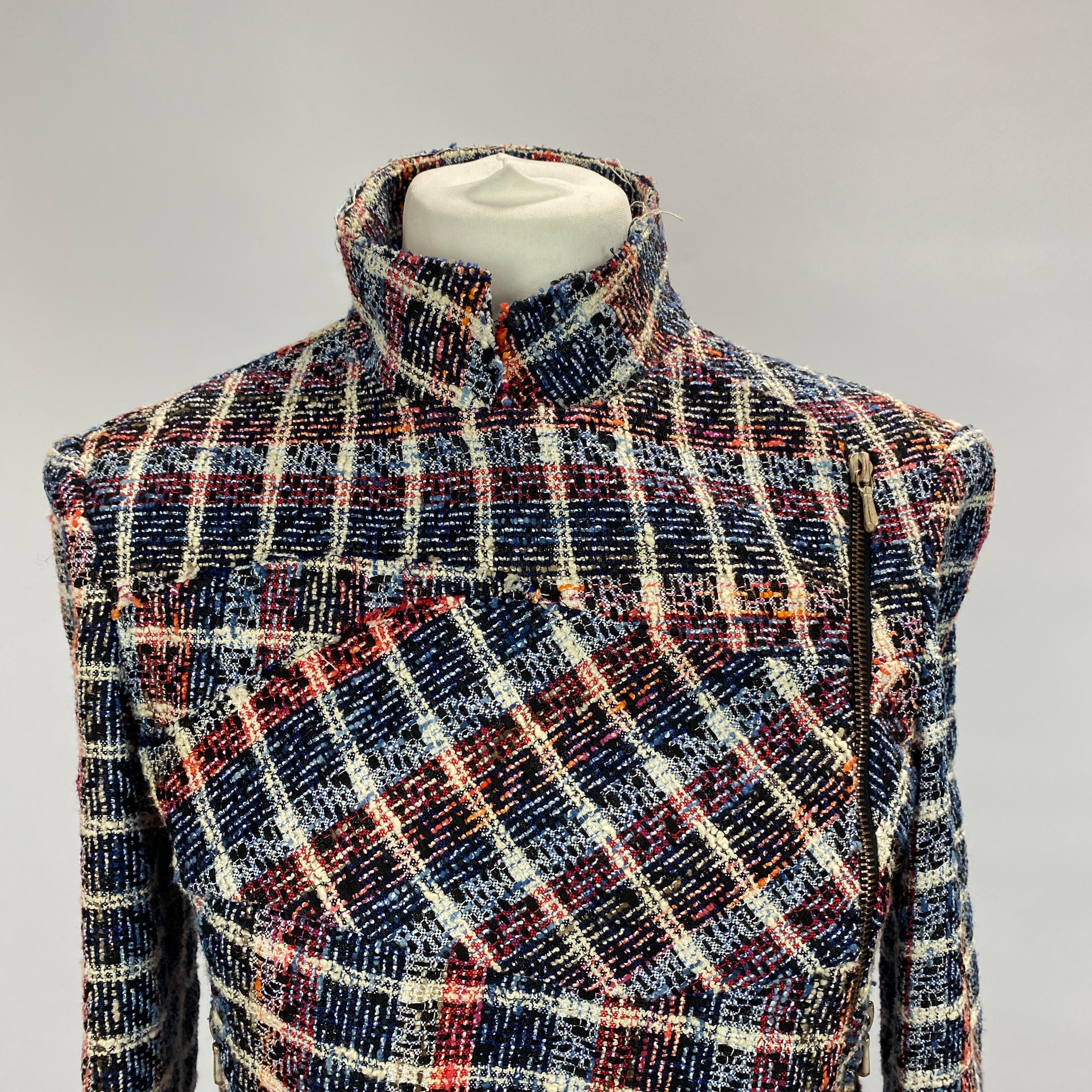 Victoria Beckham Blue & Red Boucle Check Biker Jacket M