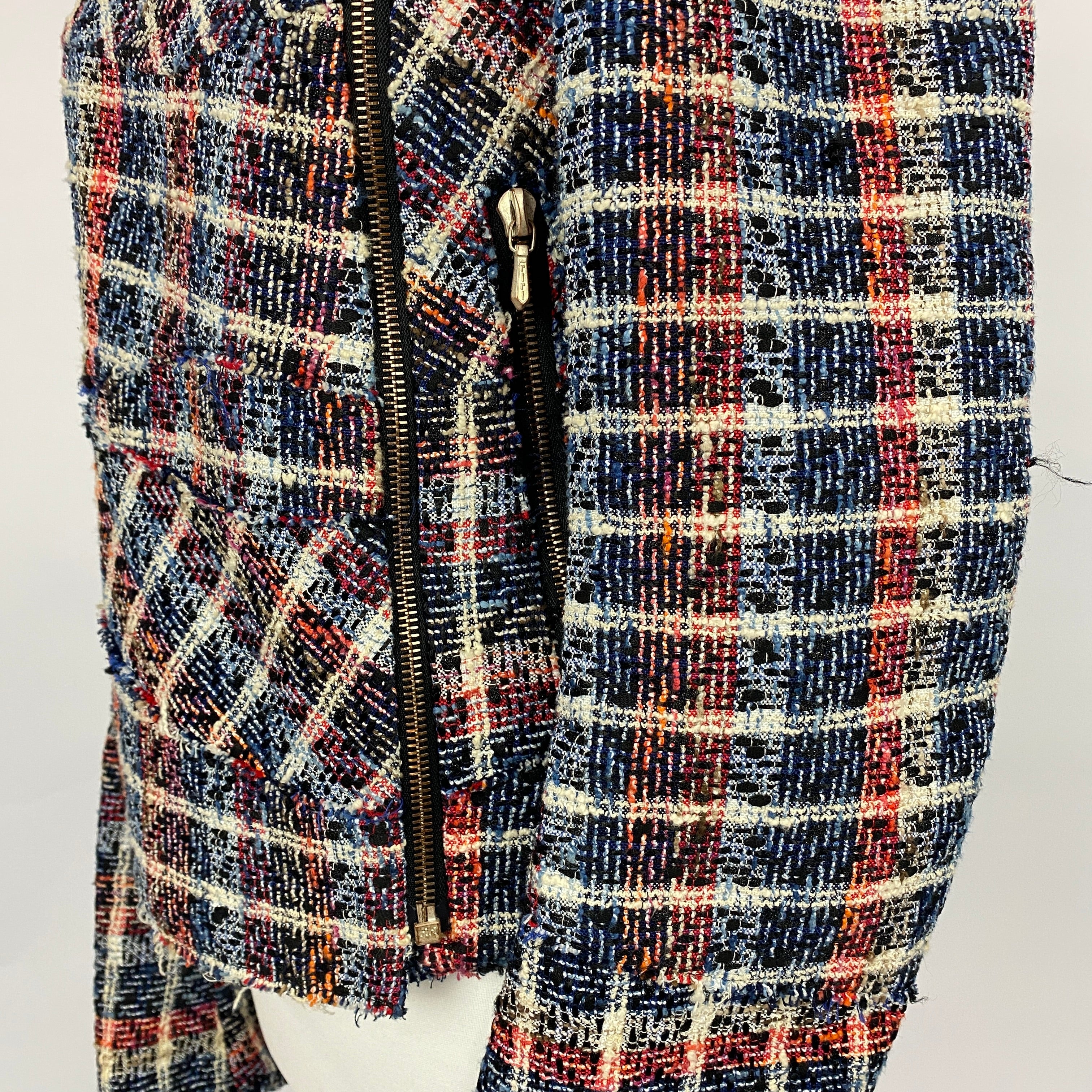 Victoria Beckham Blue & Red Boucle Check Biker Jacket M