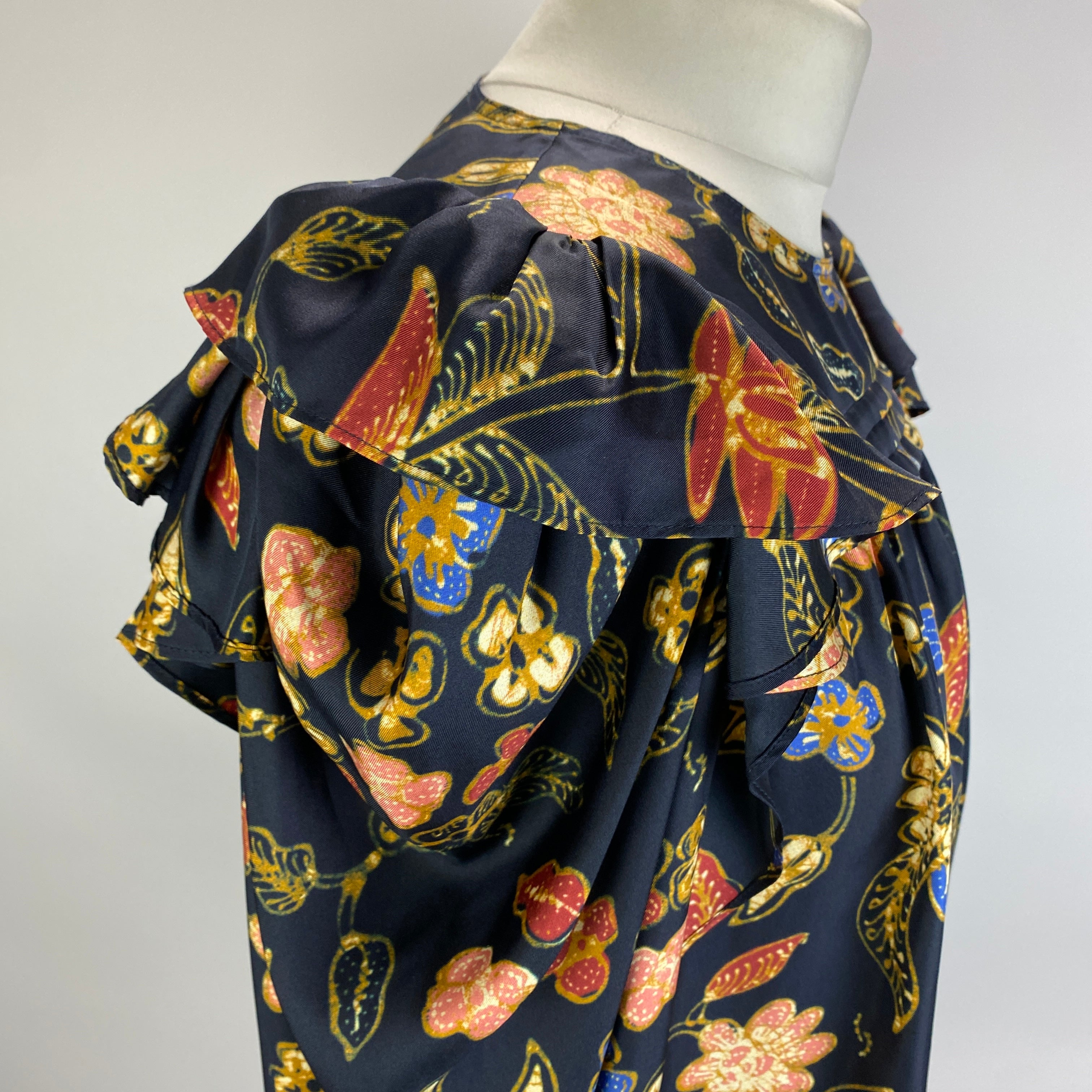 Ulla Johnson Navy Floral Silk Ruffle Sleeve Blouse M