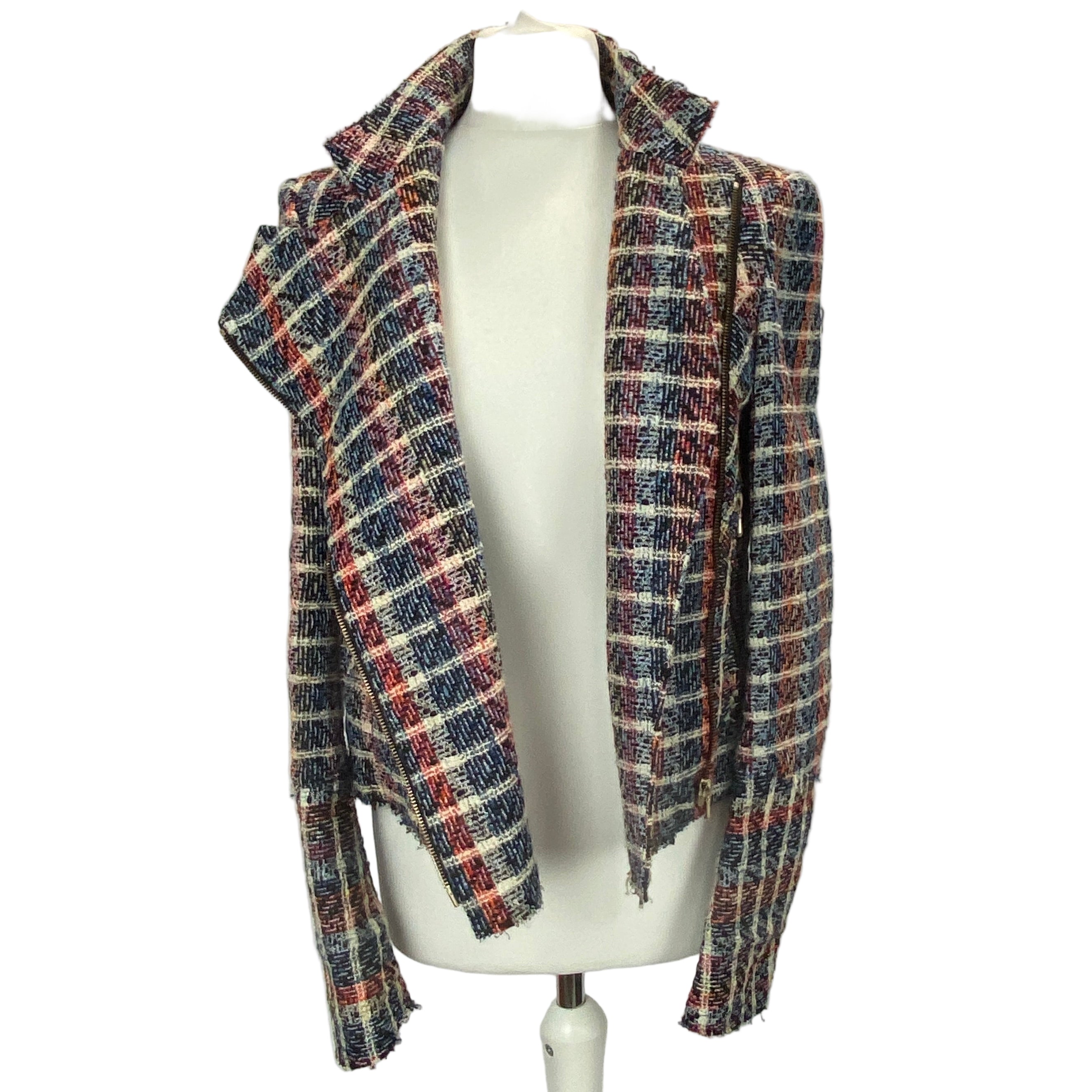 Victoria Beckham Blue & Red Boucle Check Biker Jacket M