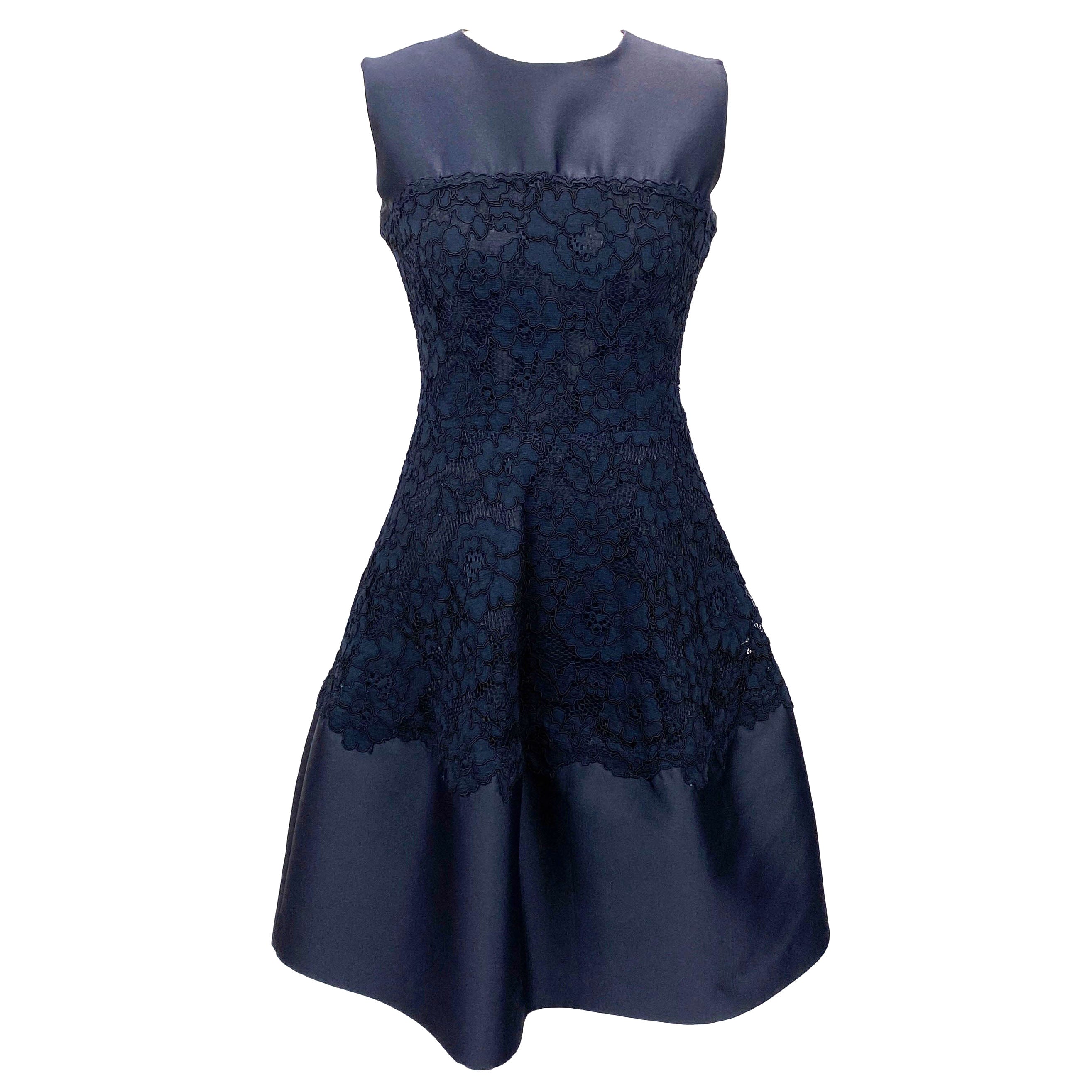 Carolina Herrera Navy Silk Faille & Lace Midi Dress S/M