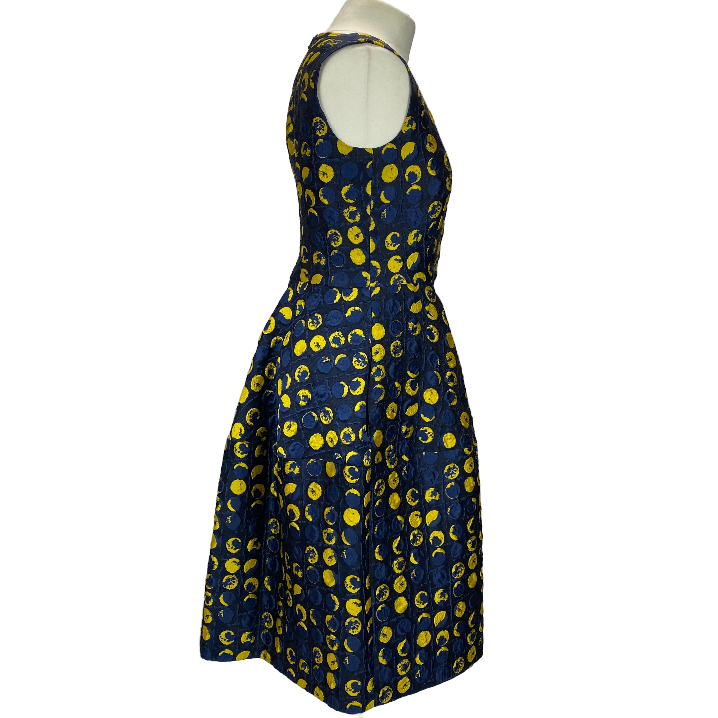 Carolina Herrera Navy & Yellow Silk Faille Midi Dress XS/S