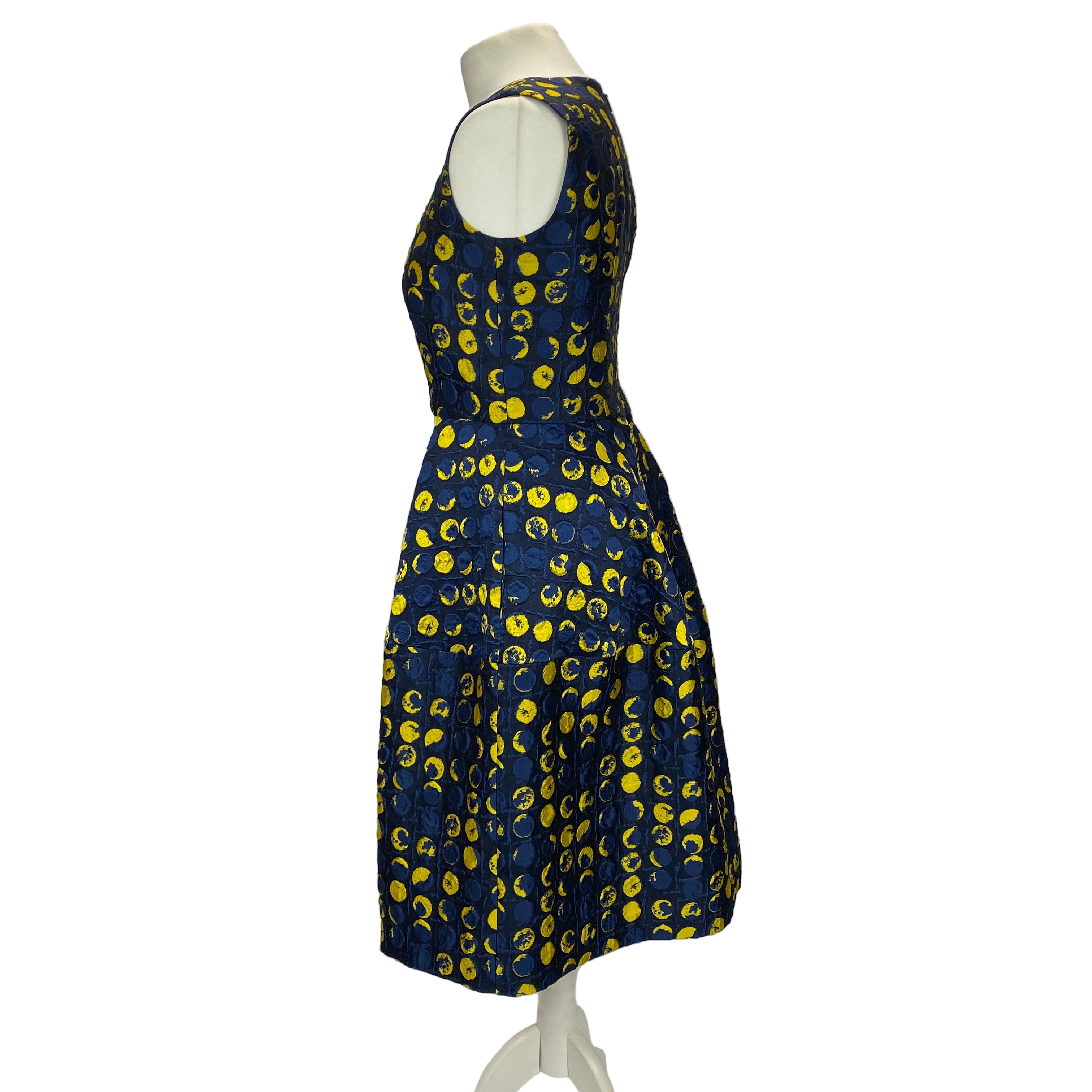 Carolina Herrera Navy & Yellow Silk Faille Midi Dress XS/S