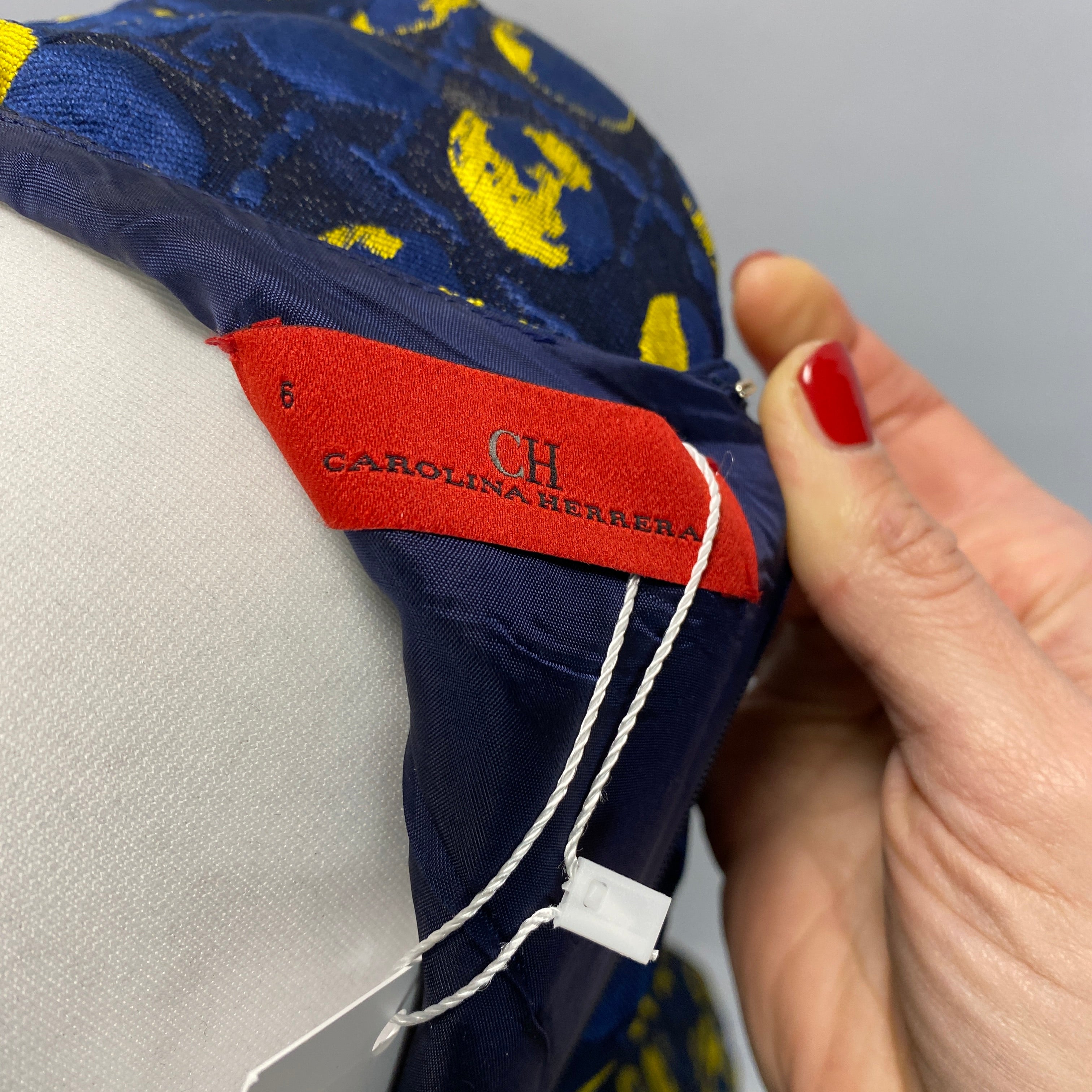 Carolina Herrera Navy & Yellow Silk Faille Midi Dress XS/S