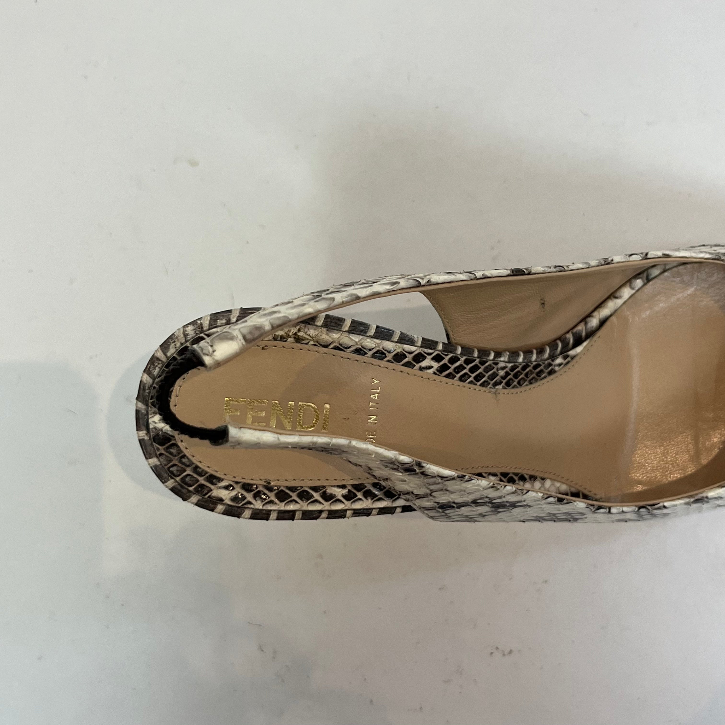 Fendi Cream Snakeskin Peeptoe Slingback Heels 38