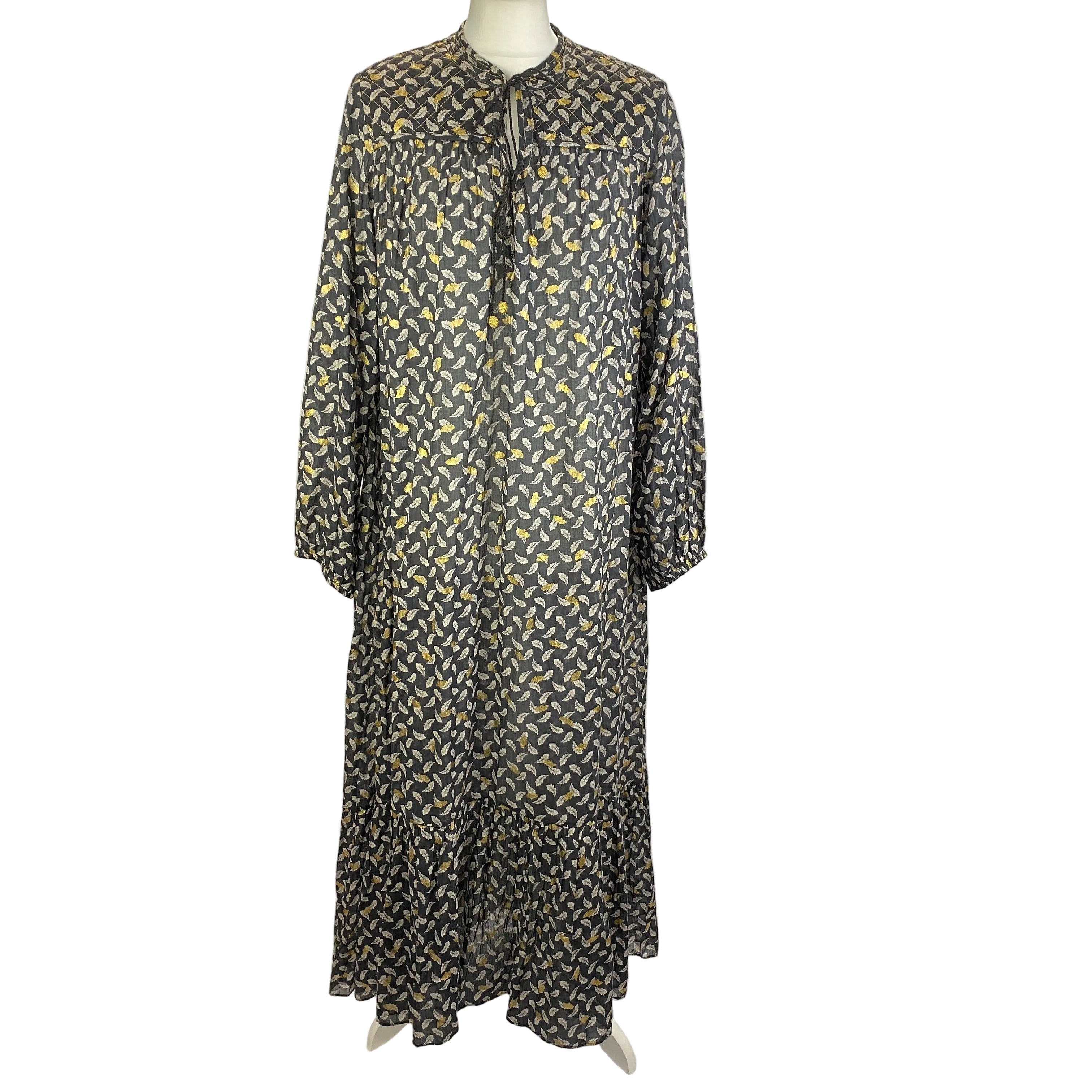 Doen New £330 Black Falling Leaves Cotton Maxi Dress L