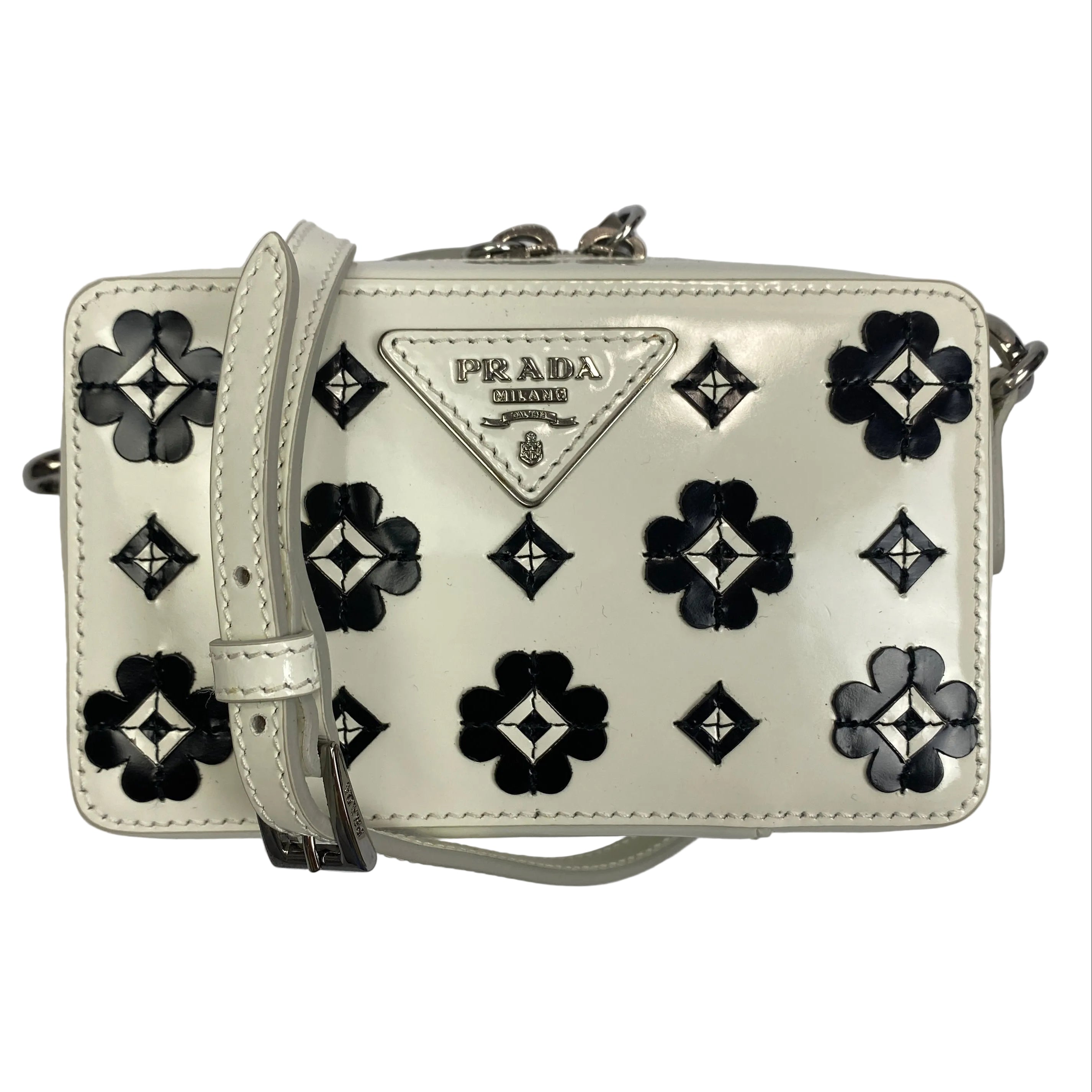 Prada White Appliqué Spazzolato Flowers Camera Bag