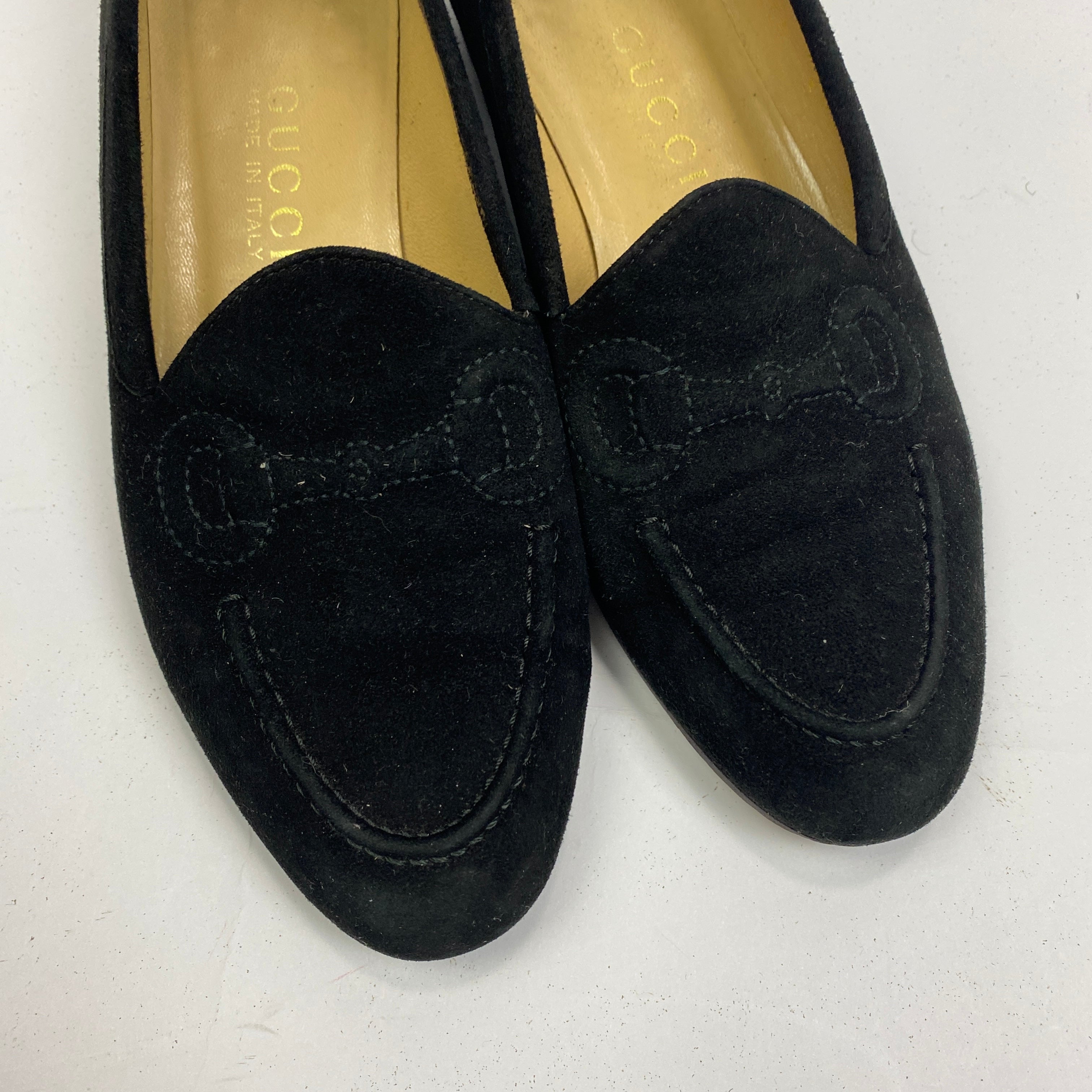 Gucci Vintage Black Suede Horsebit Stitch Loafers 35.5
