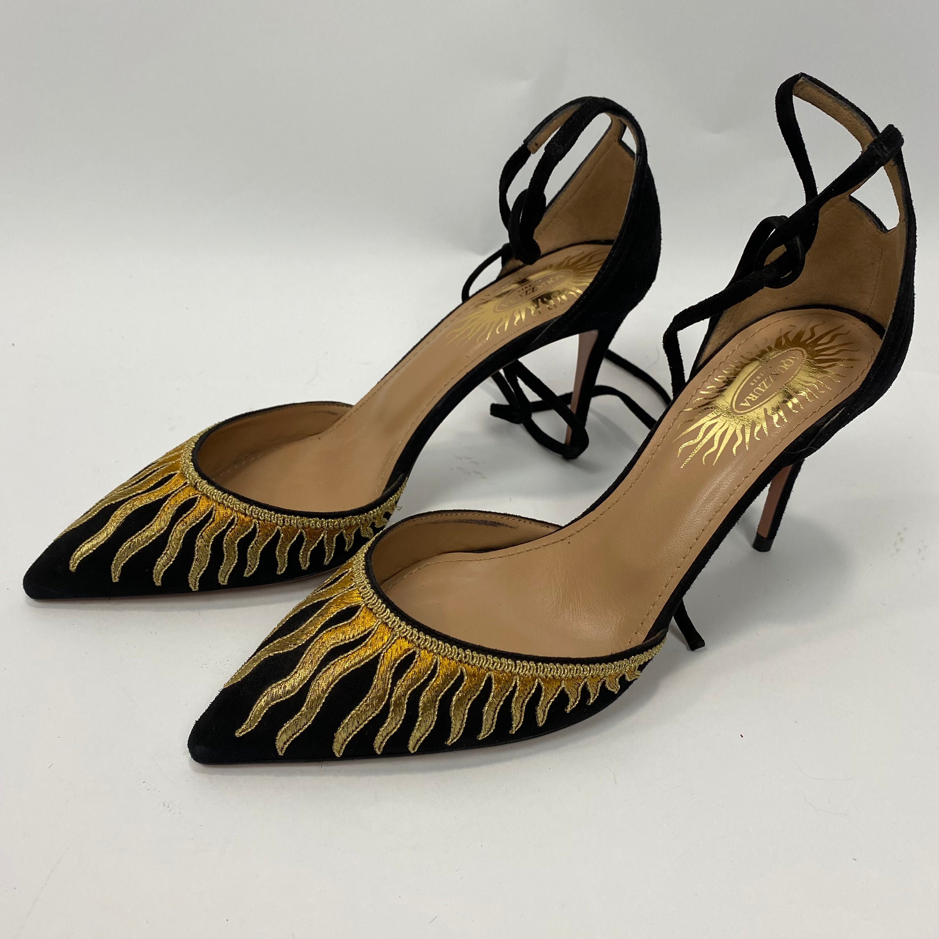Aquazzura New Black & Gold Sunburst Ankle Wrap Heels 38