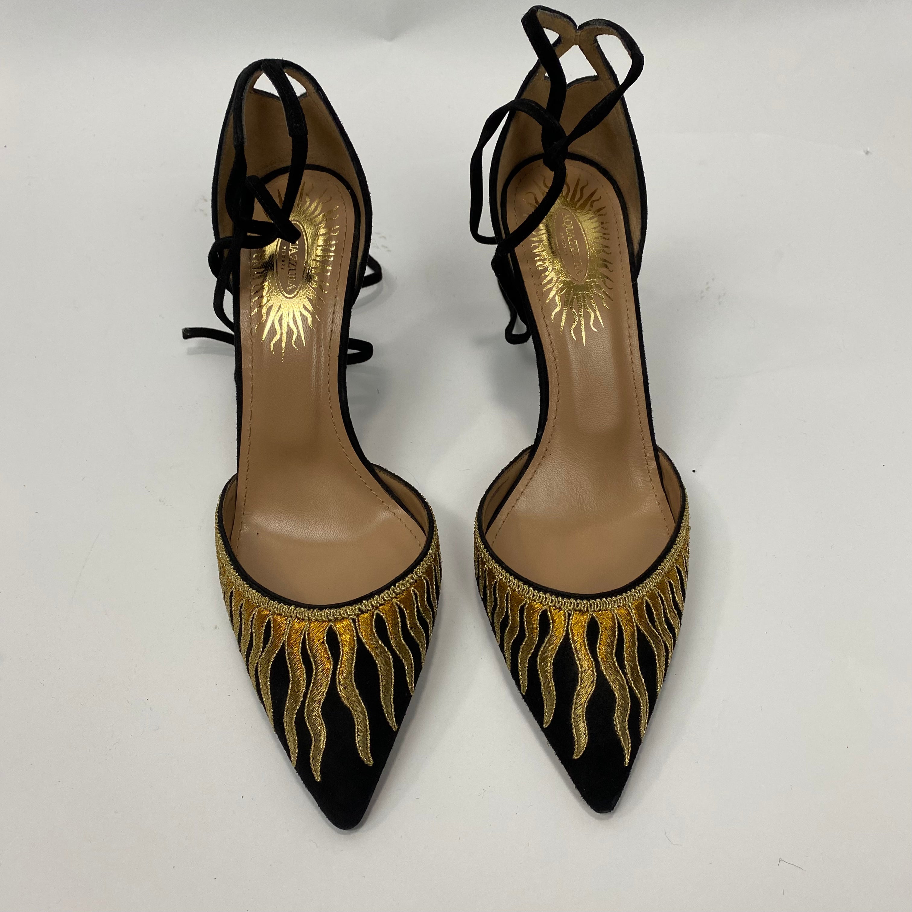 Aquazzura New Black & Gold Sunburst Ankle Wrap Heels 38