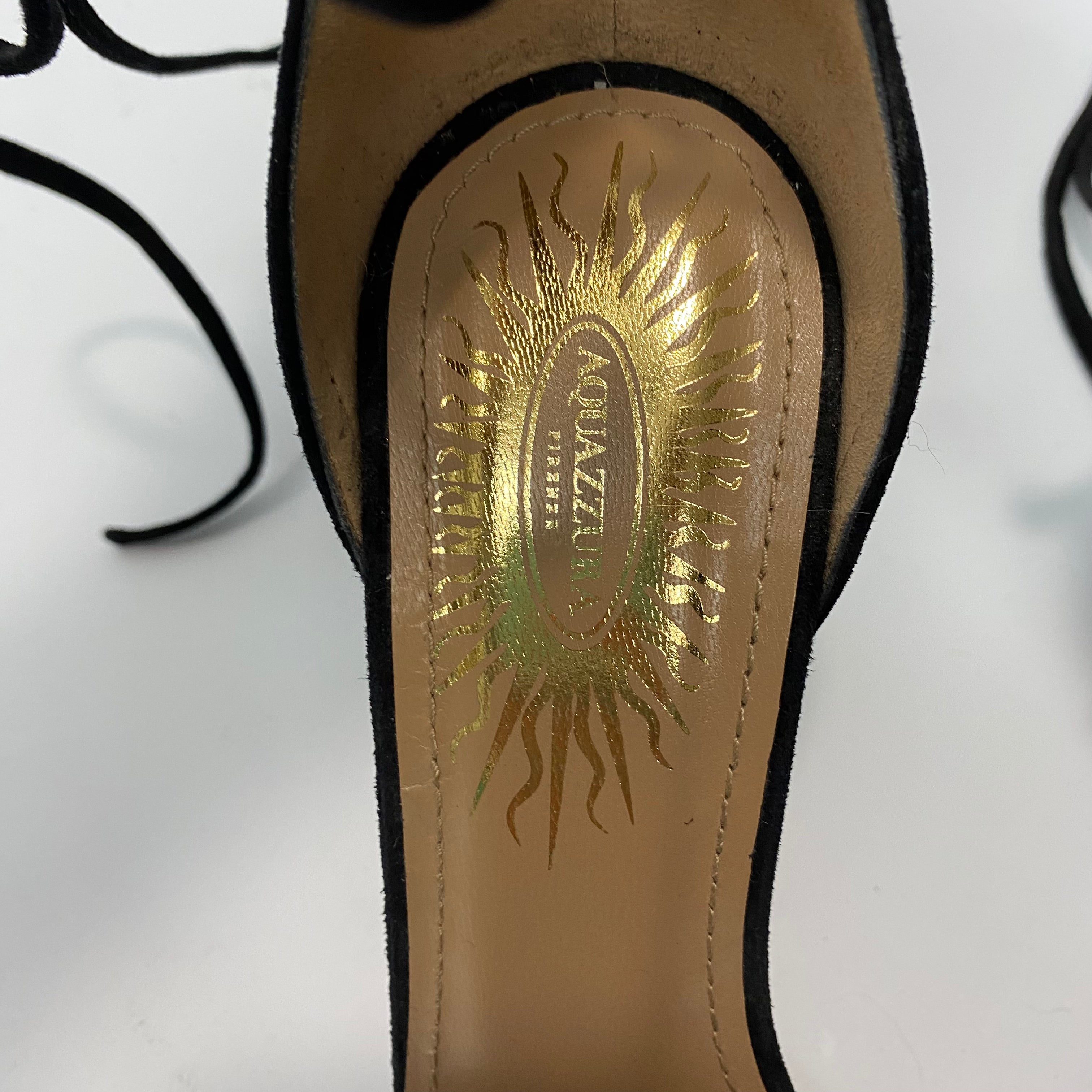 Aquazzura New Black & Gold Sunburst Ankle Wrap Heels 38