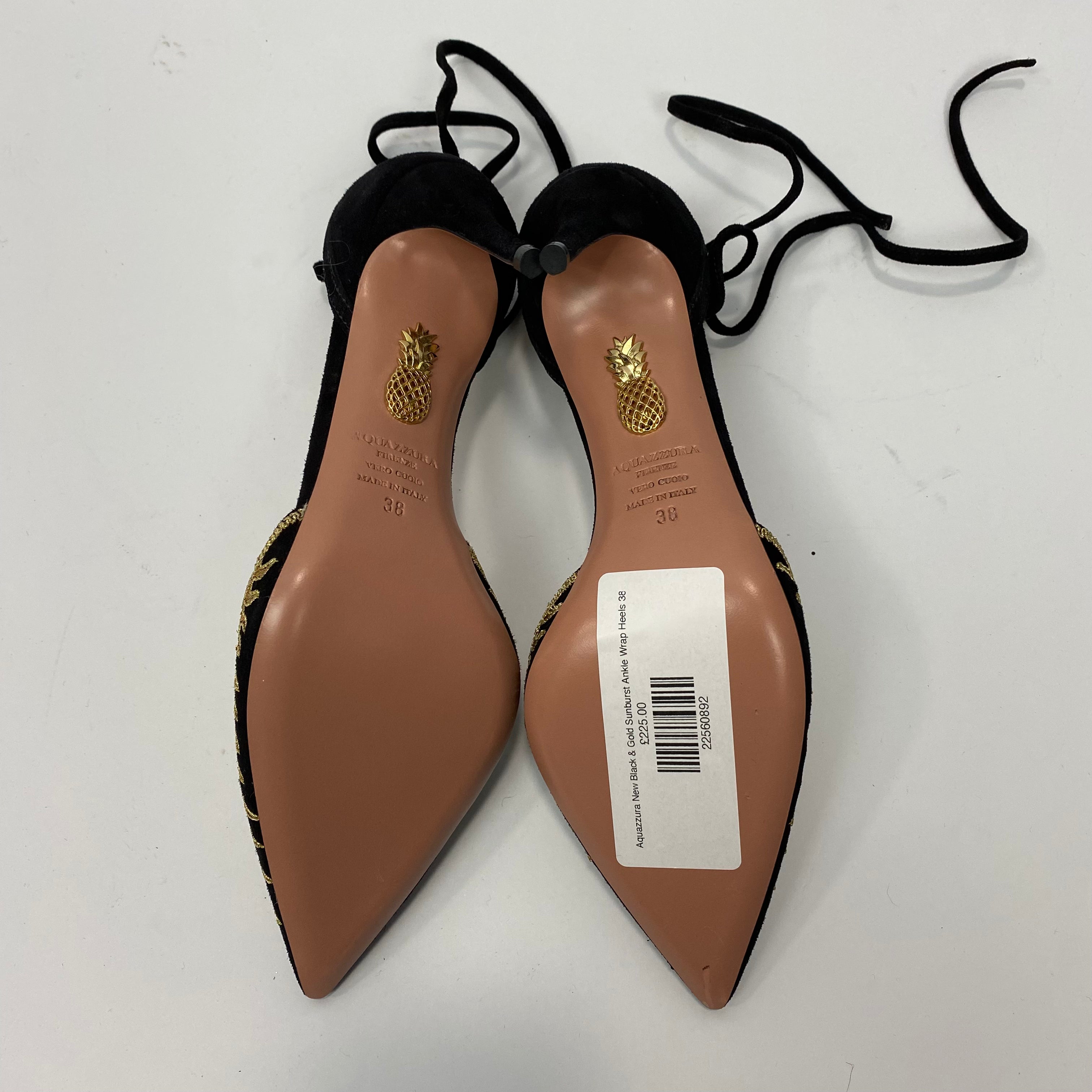 Aquazzura New Black & Gold Sunburst Ankle Wrap Heels 38