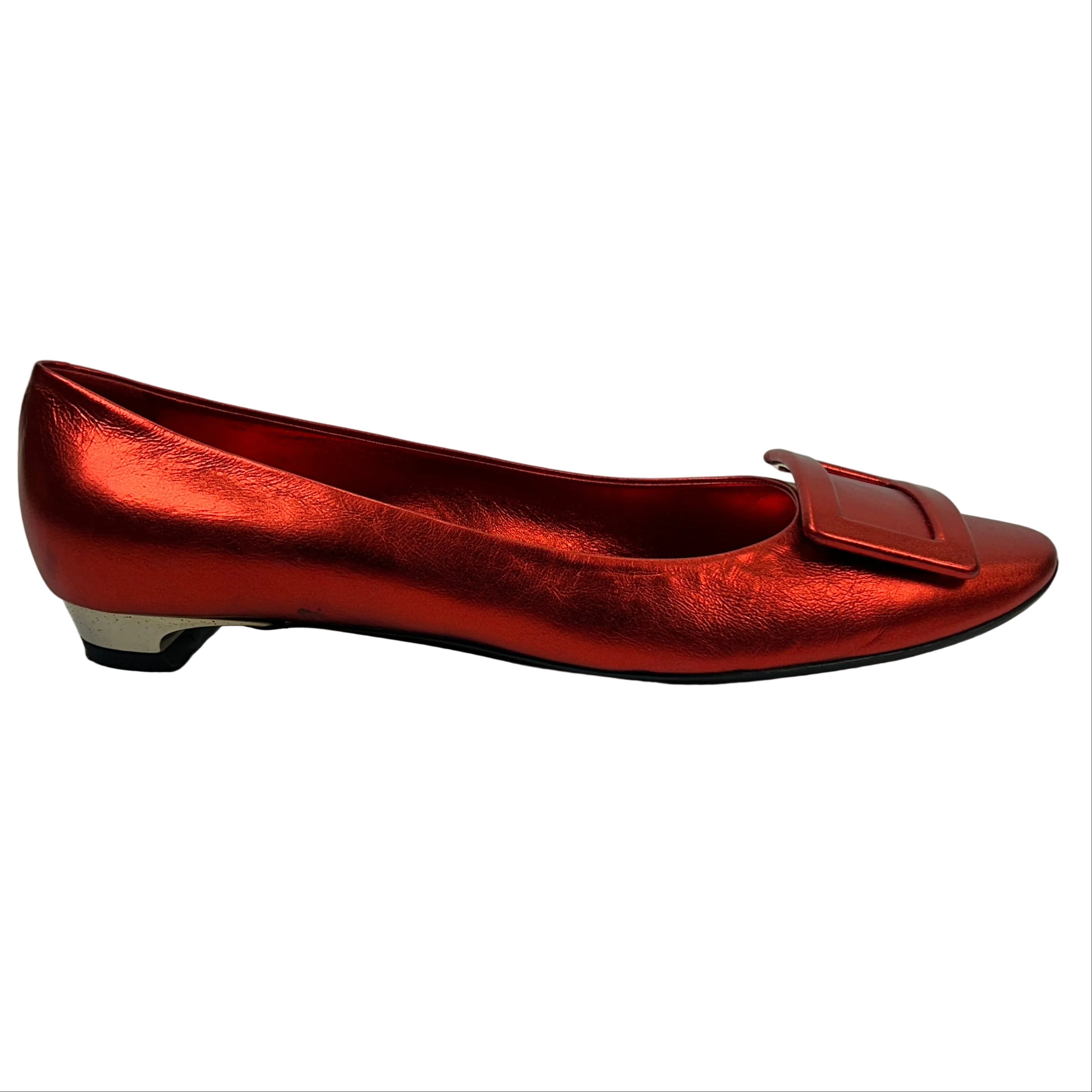 Roger Vivier Red Metallic Leather Low Heel Pumps 41