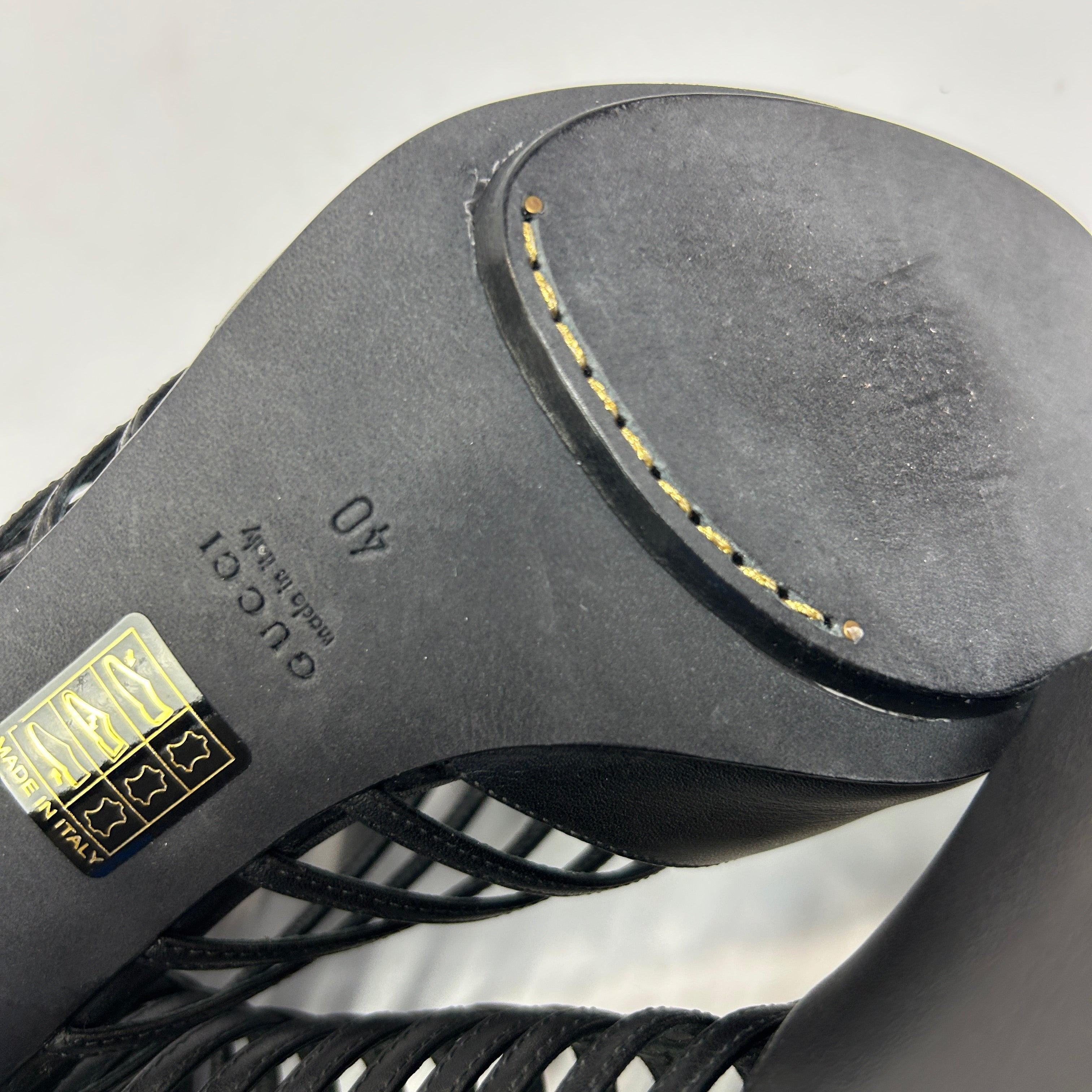 Gucci New Black Saddle Soft Gladiator Heels 40