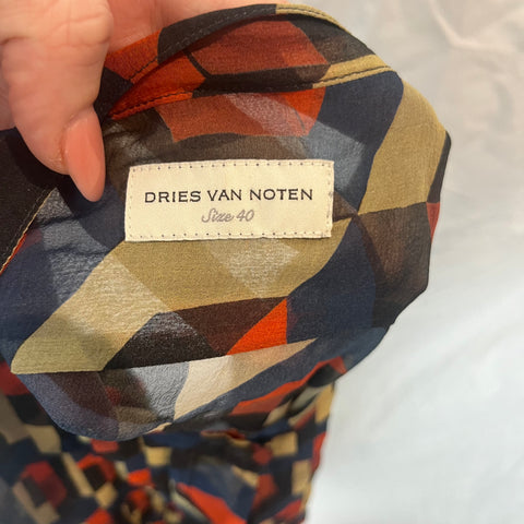 Dries Van Noten Navy & Orange Geometric Print Silk Chiffon Blouse M