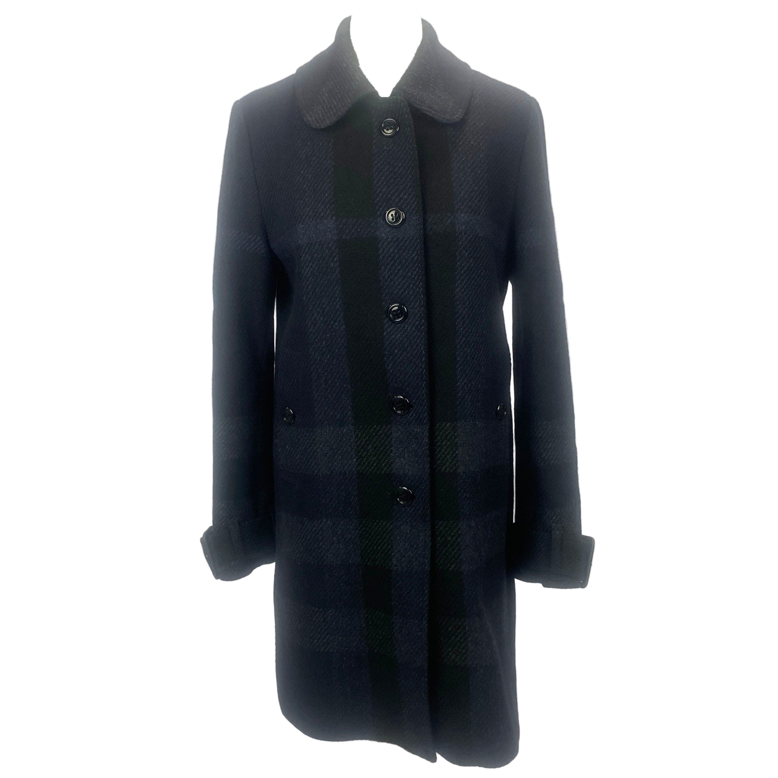 Burberry Black & Blue Check Wool Princess Coat S