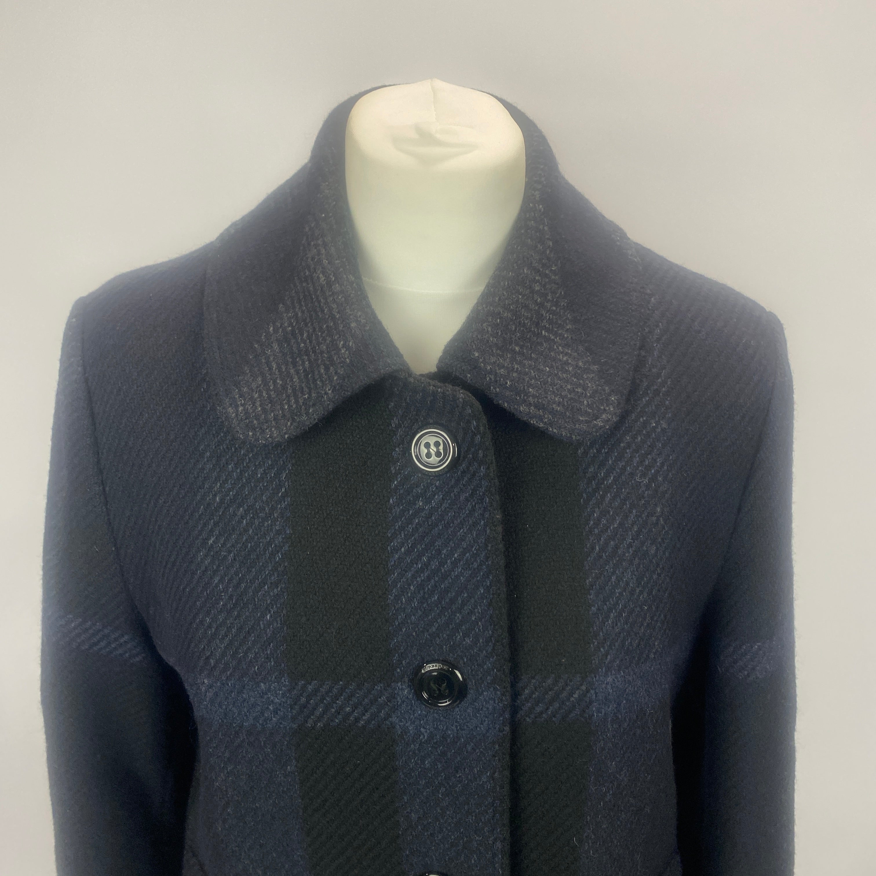 Burberry Black & Blue Check Wool Princess Coat S