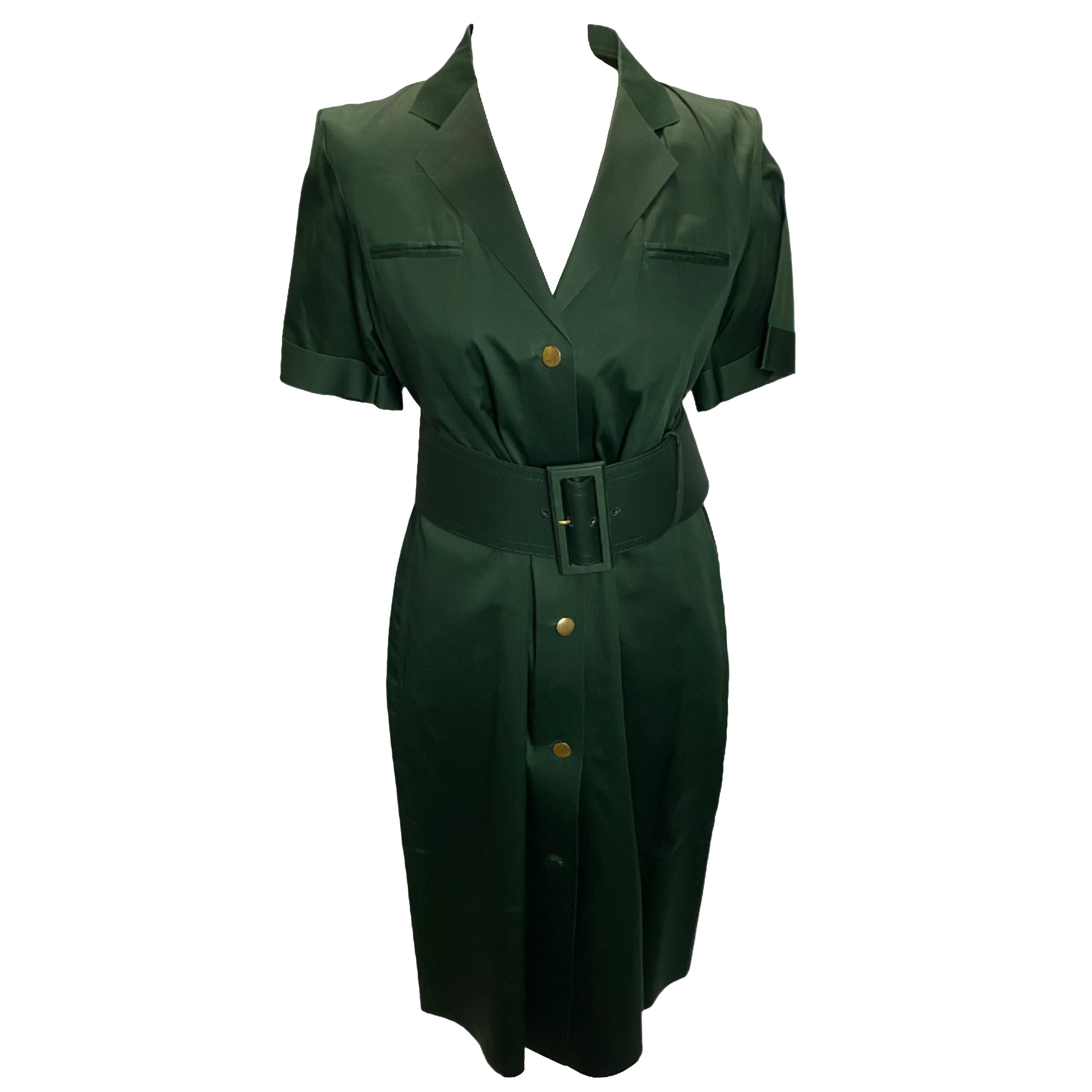 Celine New Emerald Green Cotton Belted Shirt Dress M