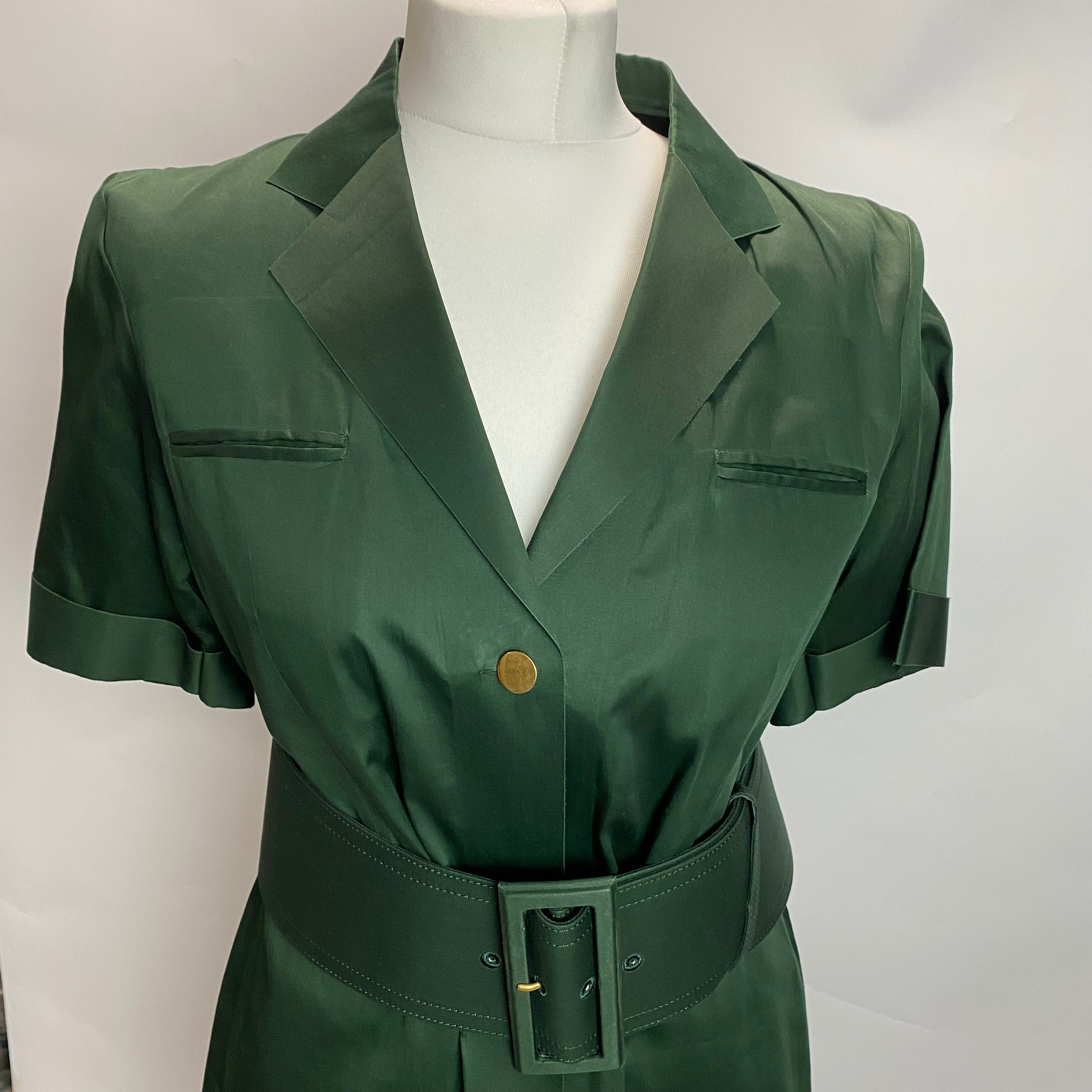 Celine New Emerald Green Cotton Belted Shirt Dress M
