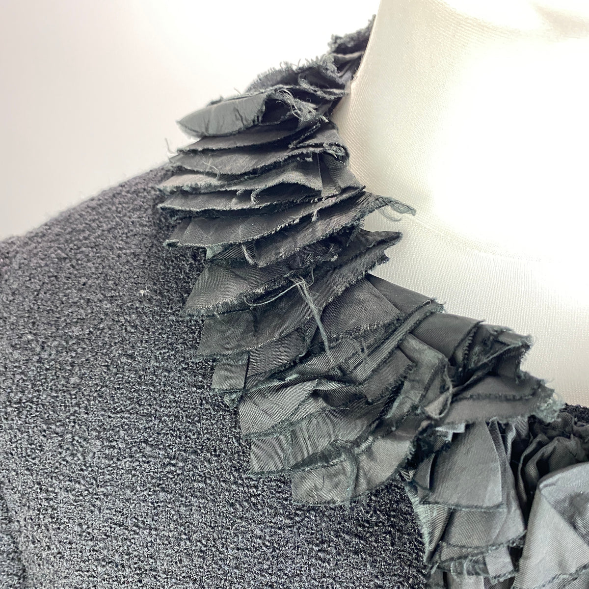 Moschino Black Boucle Jacket with Silk Ruffle Collar L