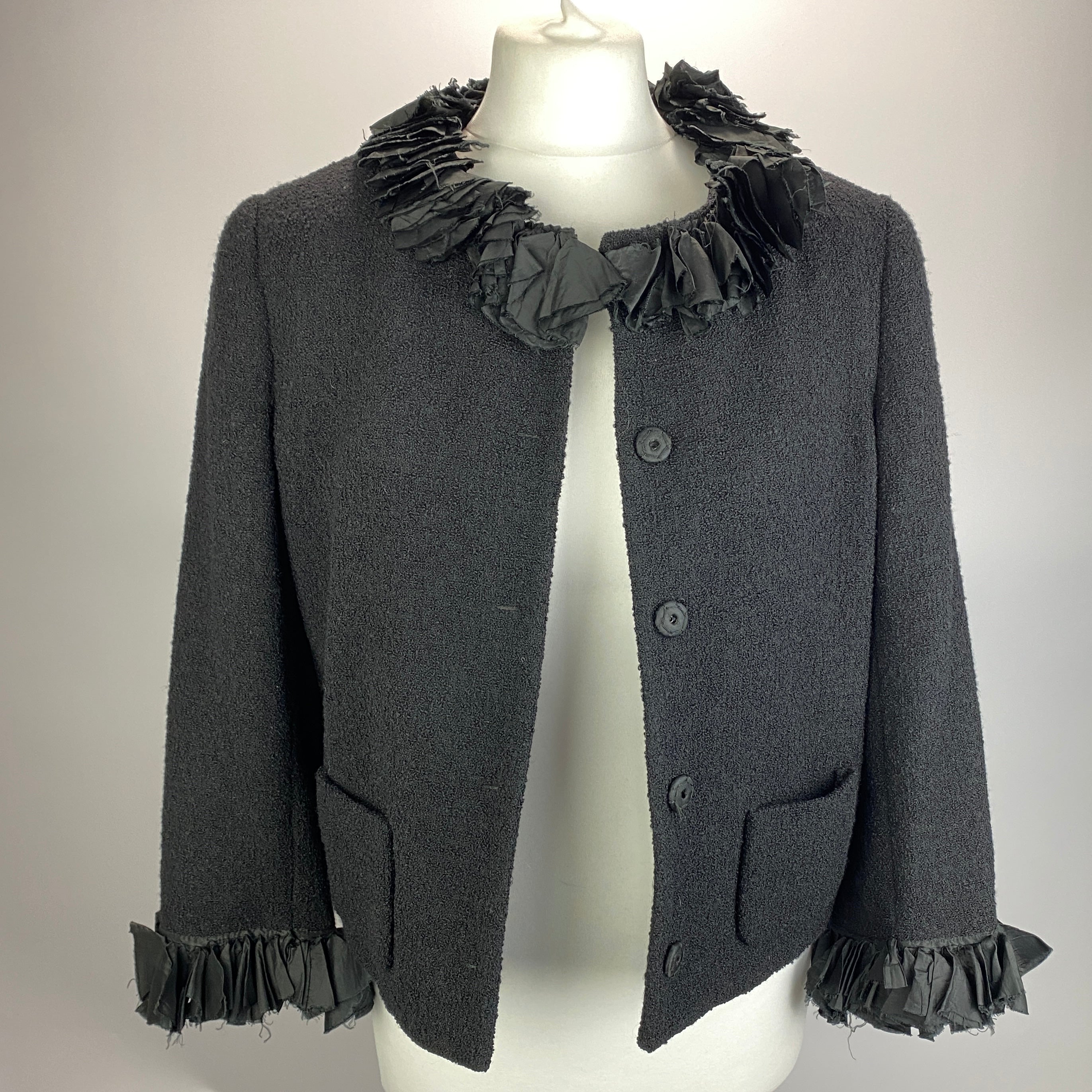 Moschino Black Boucle Jacket with Silk Ruffle Collar L