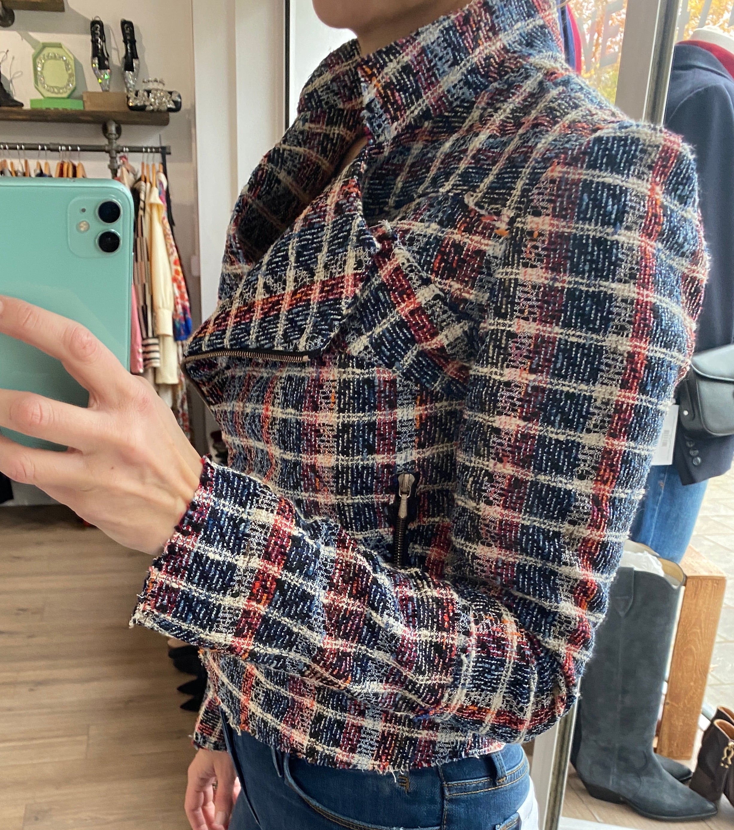 Victoria Beckham Blue & Red Boucle Check Biker Jacket M