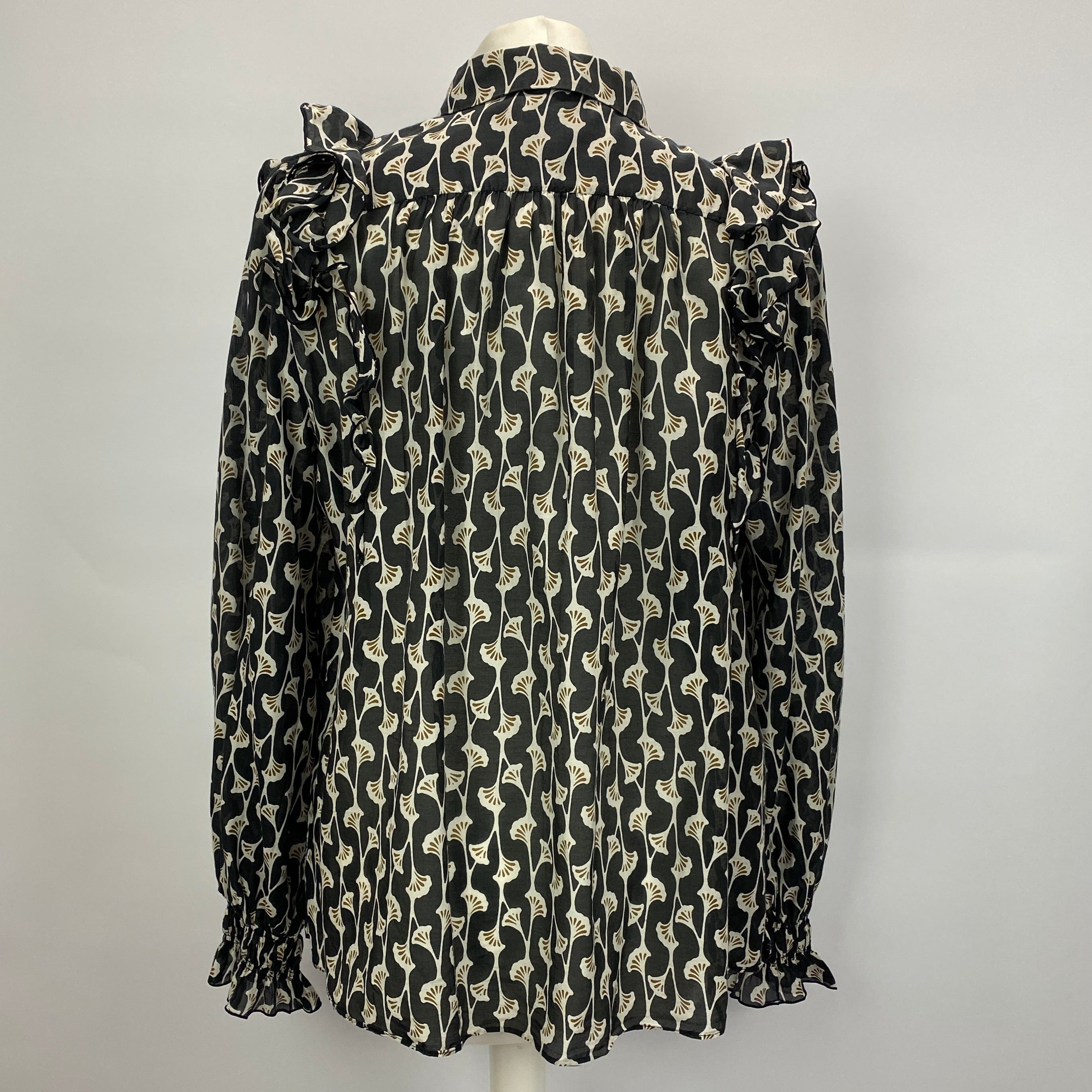 Me&Em Black Ginko Print Cotton & Silk Blouse L