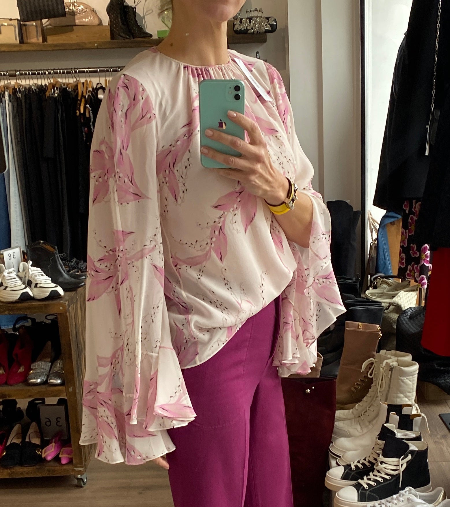 Giambattista Valli Pink Lily of the Valley Print Silk Top M