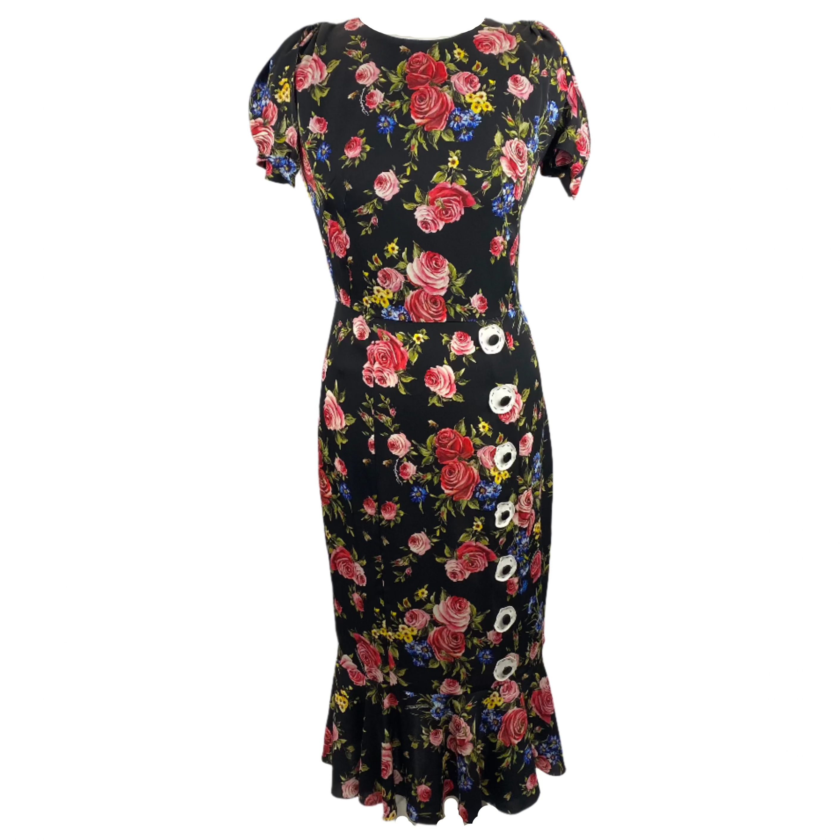 Dolce & Gabbana Black Rose Print Stretch Silk Dress S