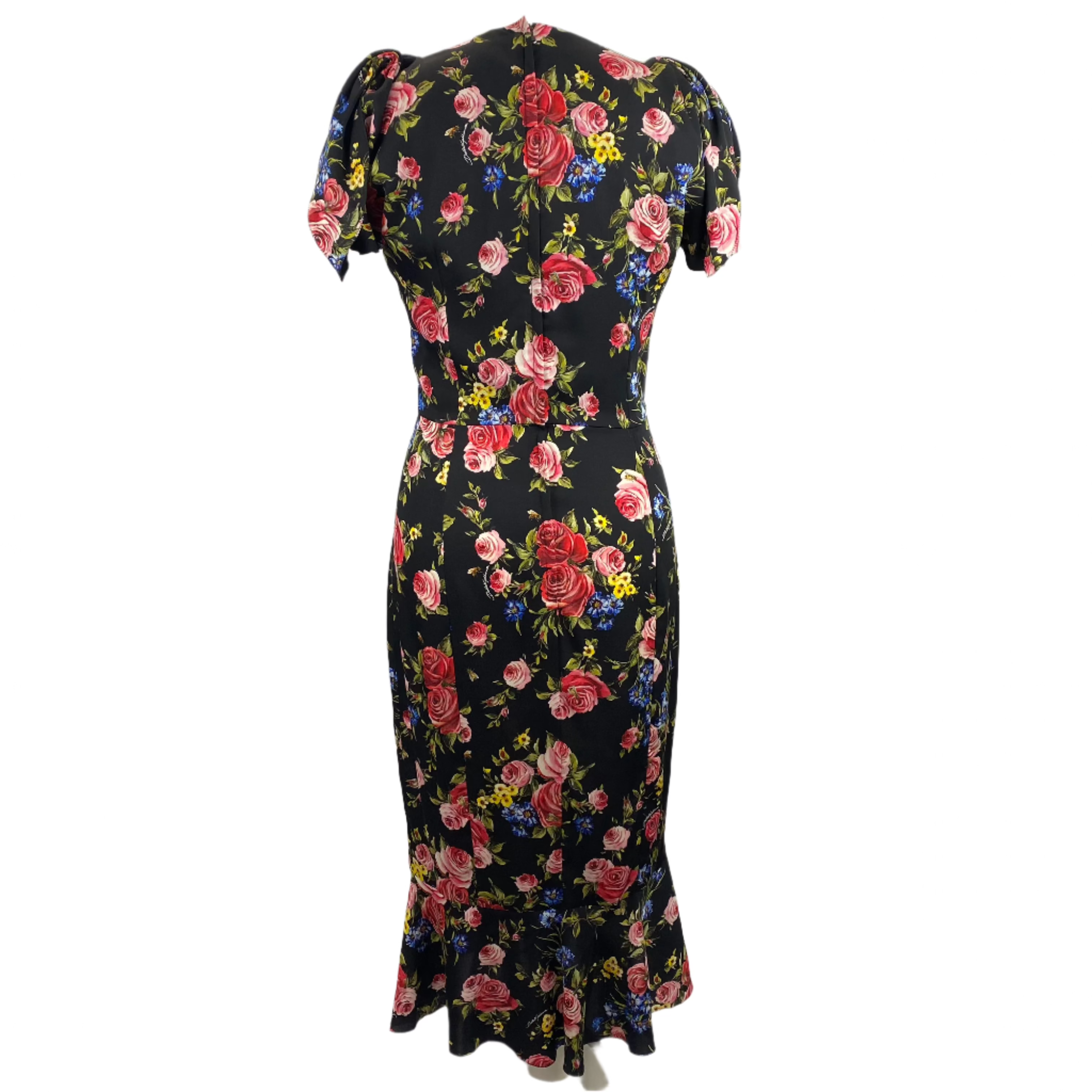 Dolce & Gabbana Black Rose Print Stretch Silk Dress S